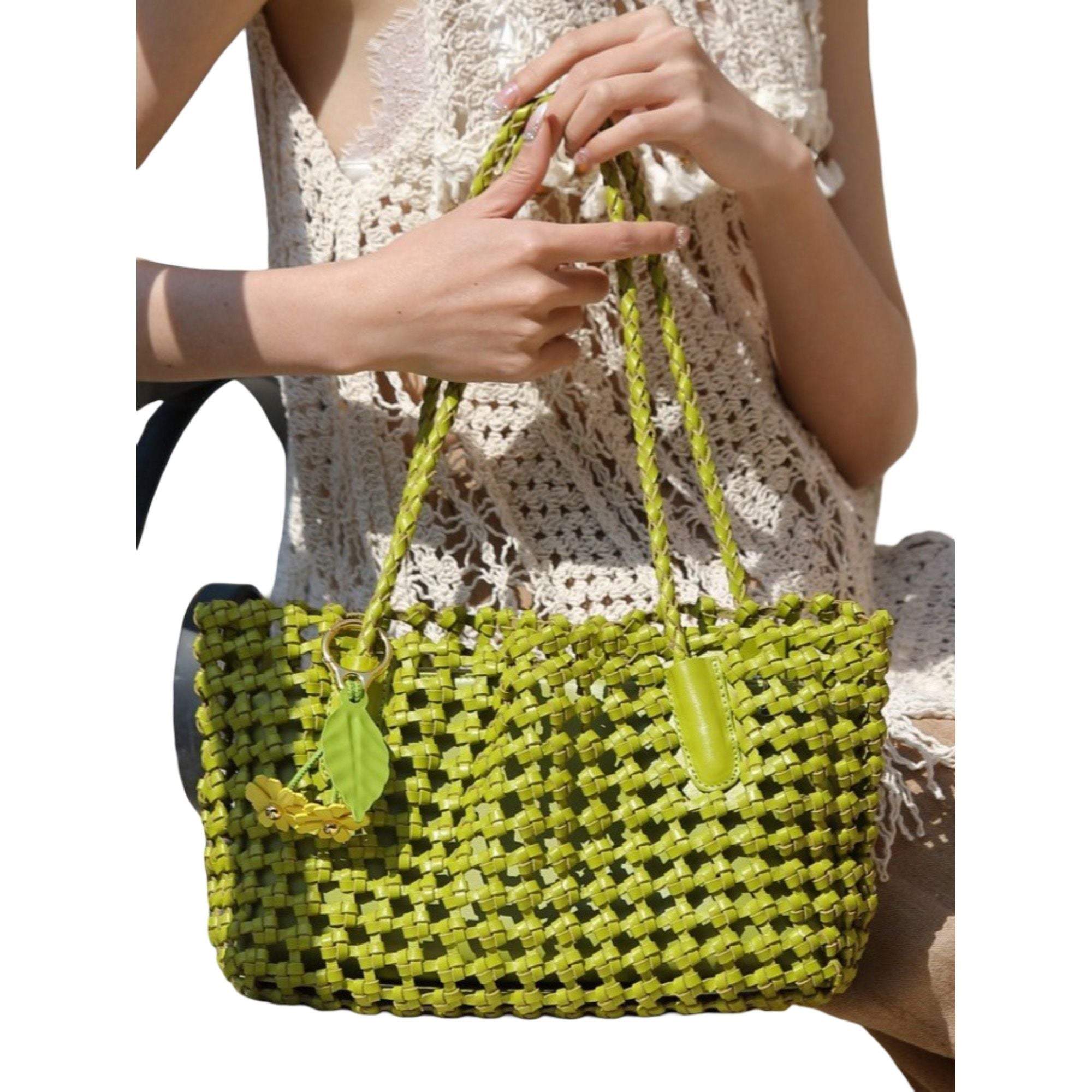 Open Weave Leather Tote Bag with Braided Shoulder Straps and Interior Zip Compartment