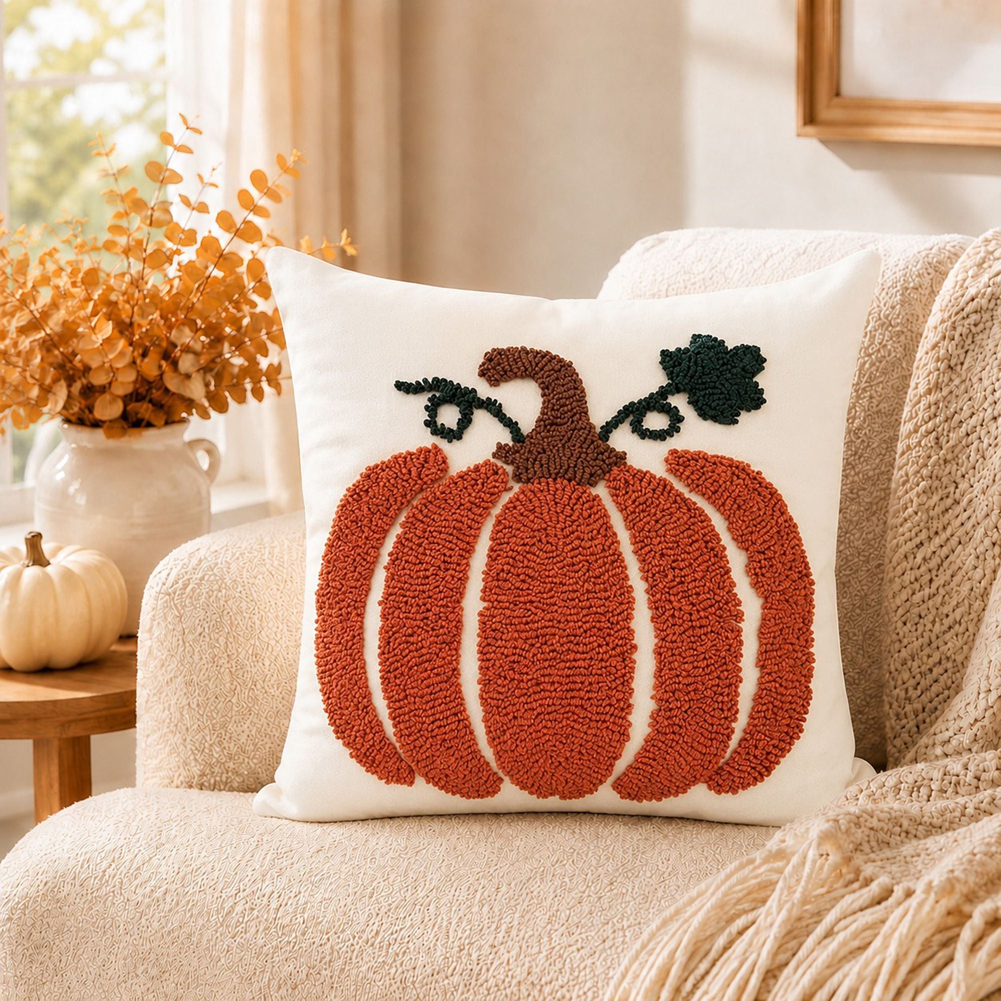 Tufted Pumpkin Throw Pillow Cover for Fall and Thanksgiving Decor