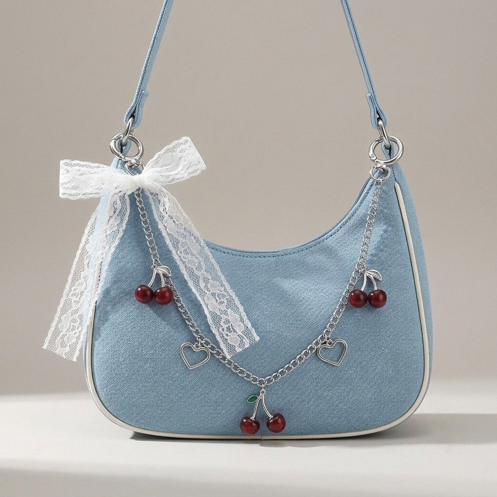 Lace Bow Cherry Bag Chain Charm with Heart Accents and Double Ring Clasps