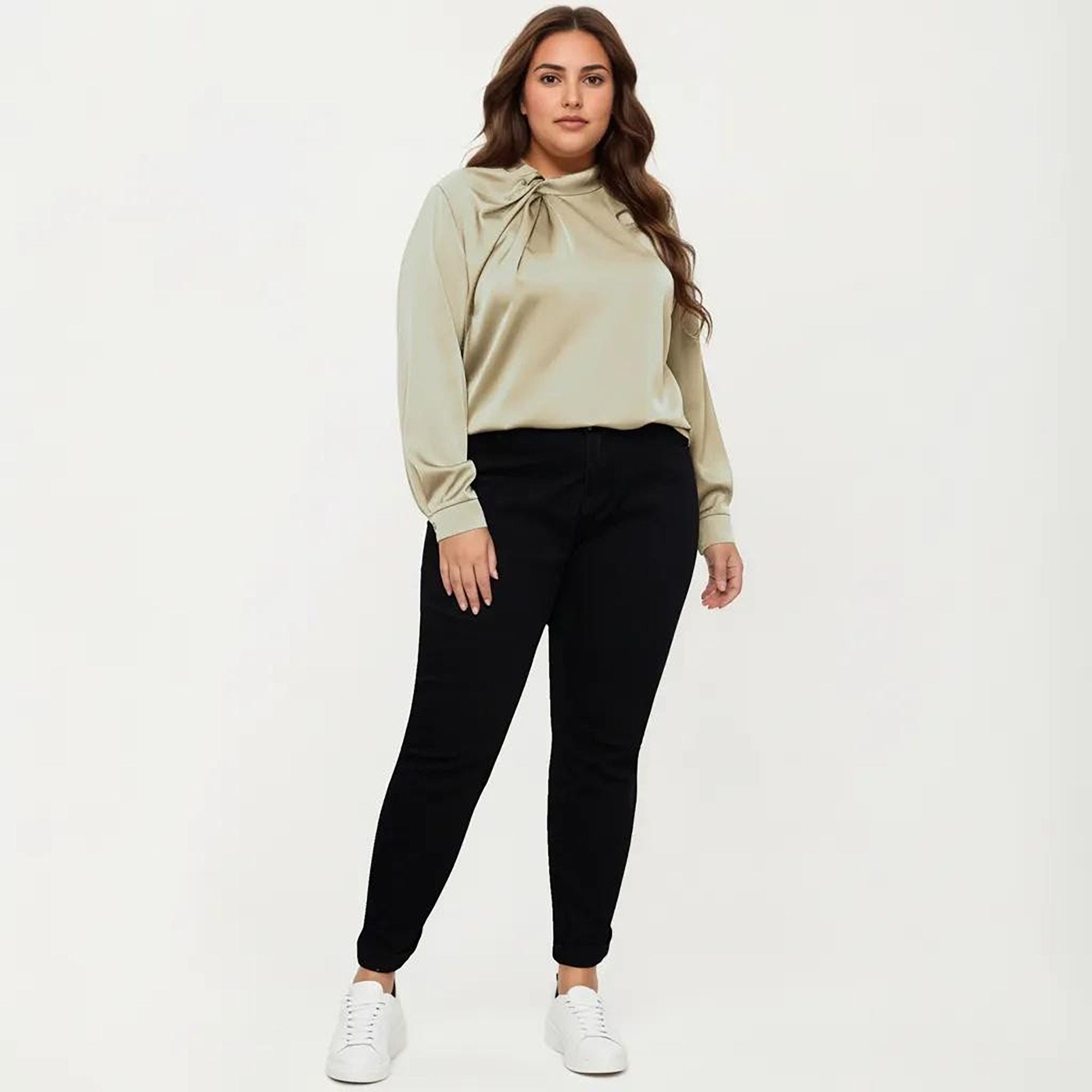 Anna-Kaci Women's Plus Size Long Sleeve Blouse with Tie Neck Detail Relaxed Fit Silky Smooth Fabric