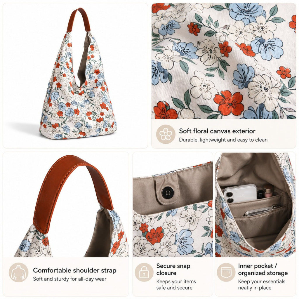 Floral Hobo Shoulder Bag with Soft Slouchy Shape and Wide Strap