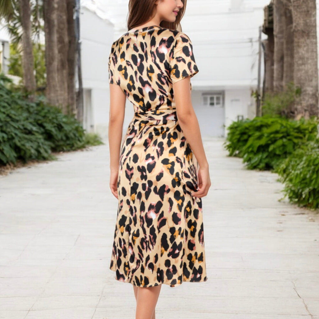 Anna-Kaci Women's V-Neck Short Sleeve Wrap Dress with Leopard Print and Waist Tie
