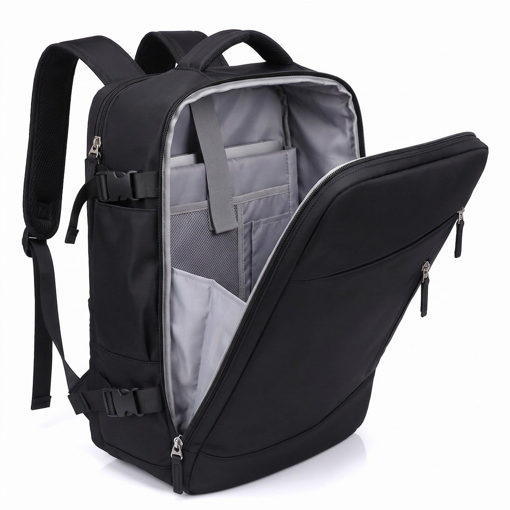 Multi-Compartment Travel Backpack with Padded Straps, Side Pockets and Compression Buckles