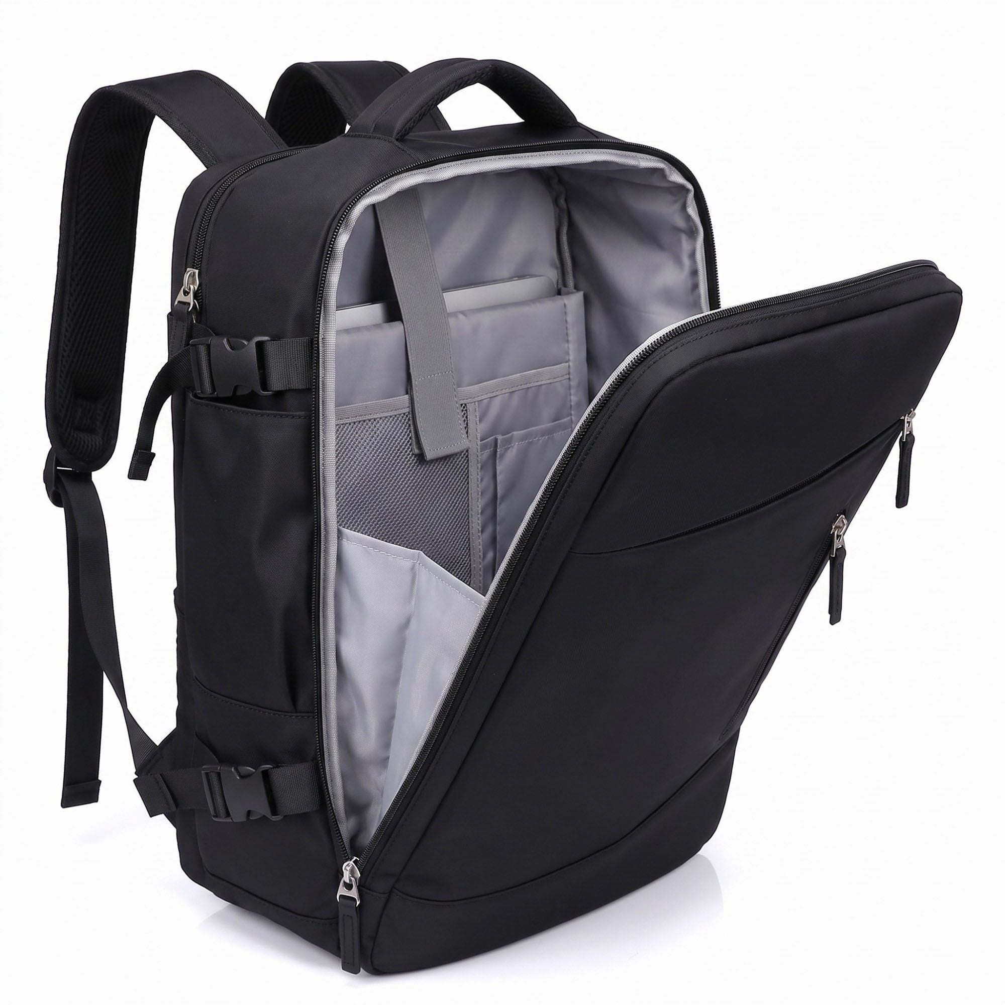 Multi-Compartment Travel Backpack with Padded Straps, Side Pockets and Compression Buckles