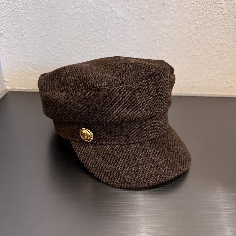 Herringbone Newsboy Cap Vintage Baker Boy Hat Adjustable Button Detail