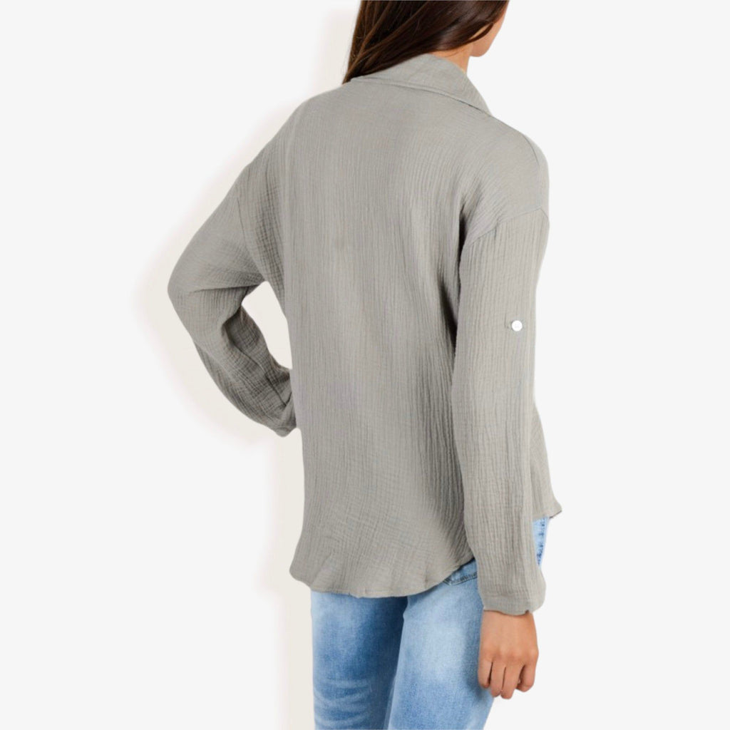 Camisa de gasa texturizada con botones y manga larga para mujer de Anna-Kaci con bolsillo en el pecho