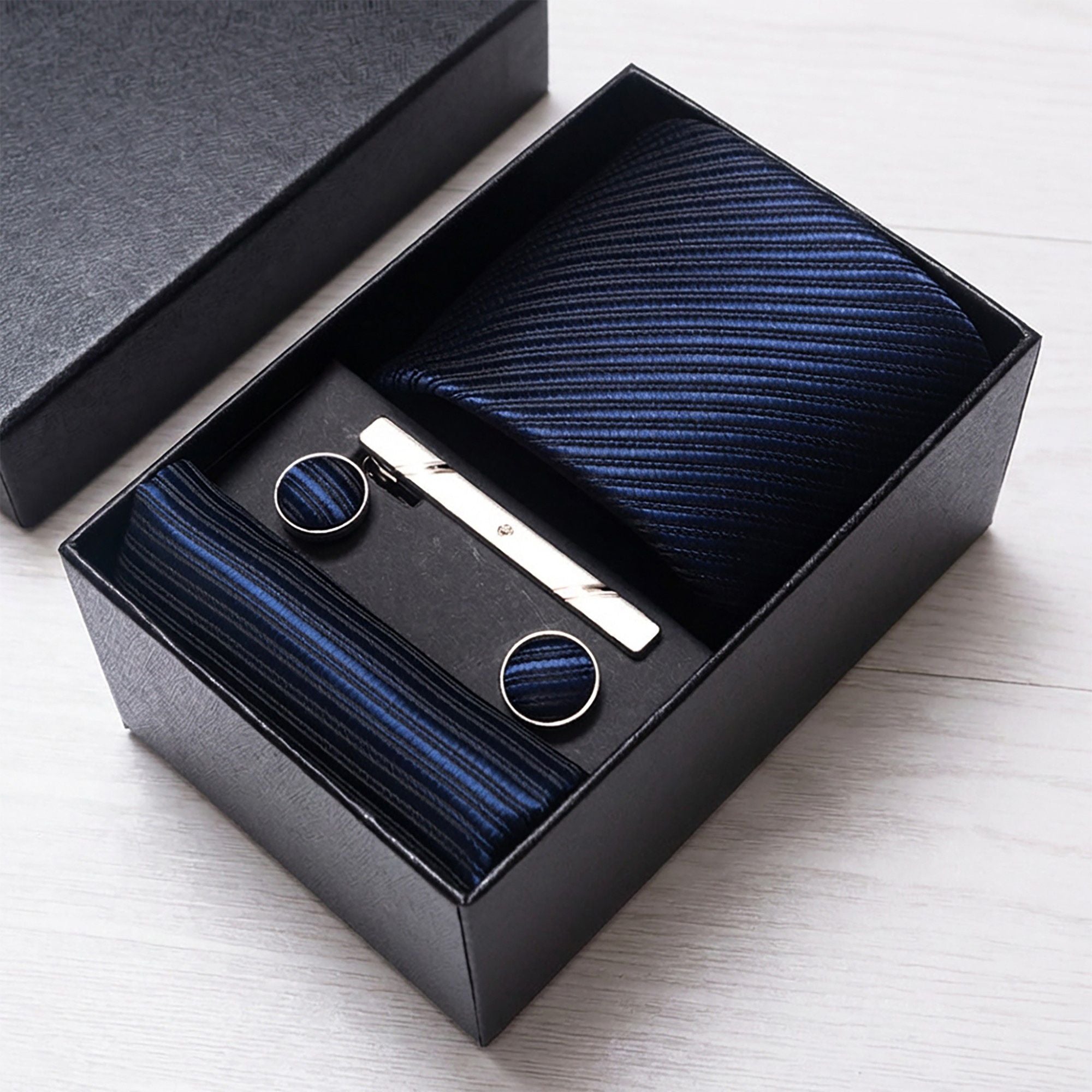 Men's Tonal Stripe Pattern Tie Gift Set Necktie Pocket Square Cufflinks Tie Clip Formal Accessory Set