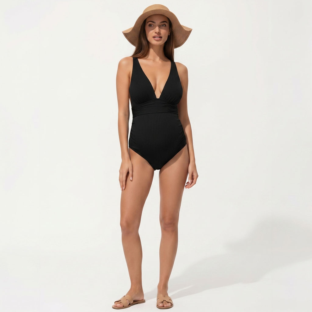 Anna-Kaci Swim Women's Maternity Ribbed One-Piece Swimsuit with Plunging Neckline and Ruched Waist