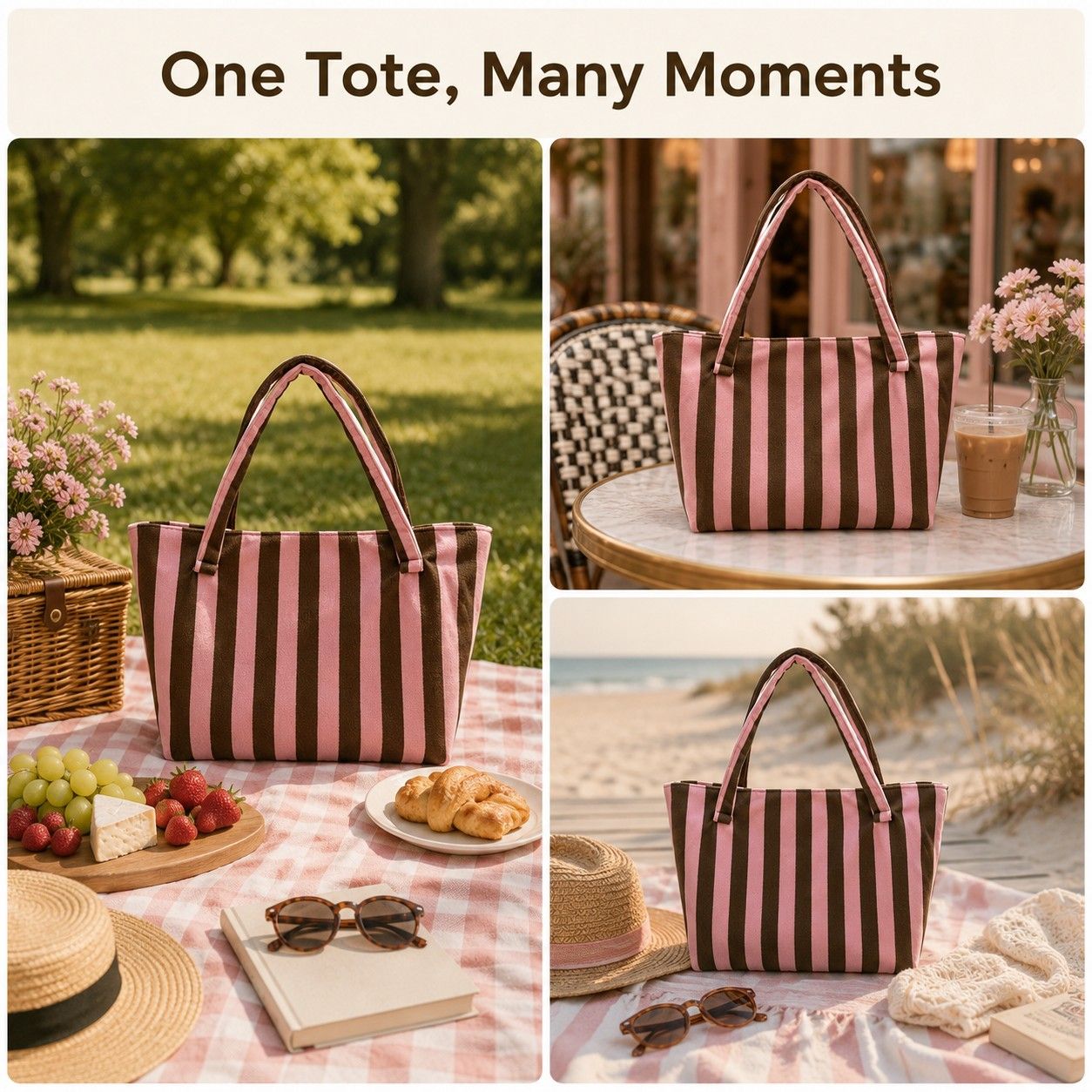 Striped Terry Cloth Tote Bag Roomy Beach and Travel Shoulder Carryall