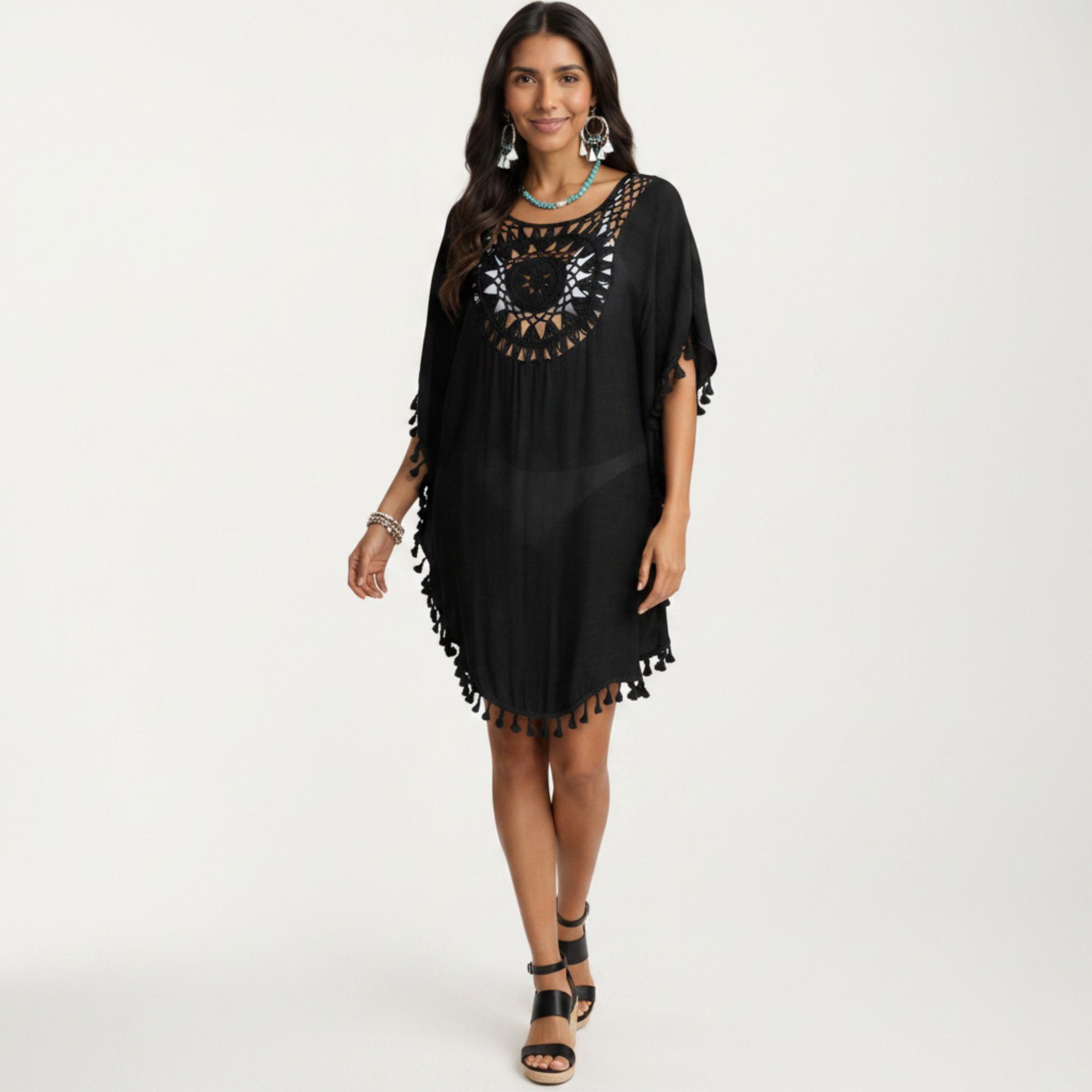 Anna-Kaci Women's Crochet Medallion Swim Cover Up Dress with Tassel Trim and Relaxed Boho Silhouette