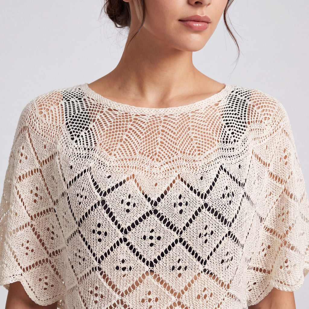 Crochet Openwork Poncho Capelet with Round Neck, Draped Short Sleeves and Scalloped Hem 11.8*39.3In