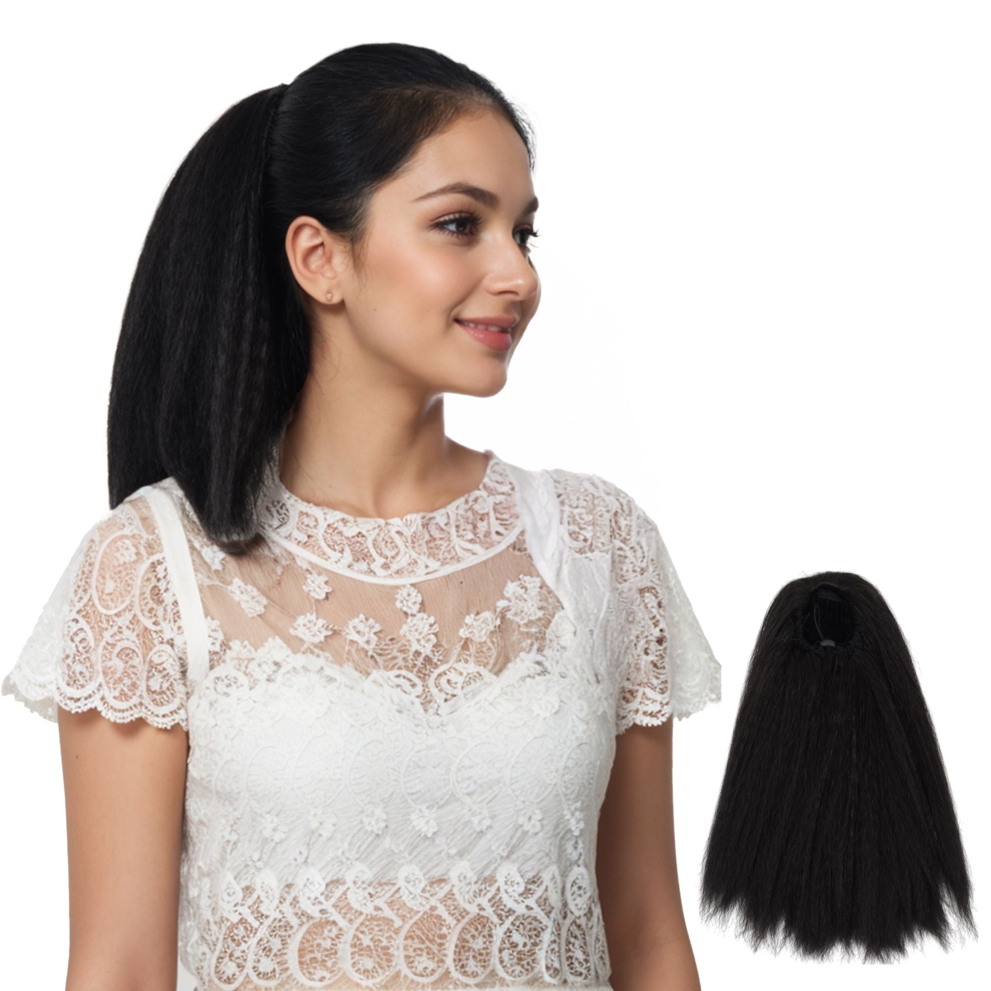 12-Inch Yaki Straight Ponytail Extension Fluffy Thick Drawstring Synthetic Hairpiece with Adjustable Clips for Women