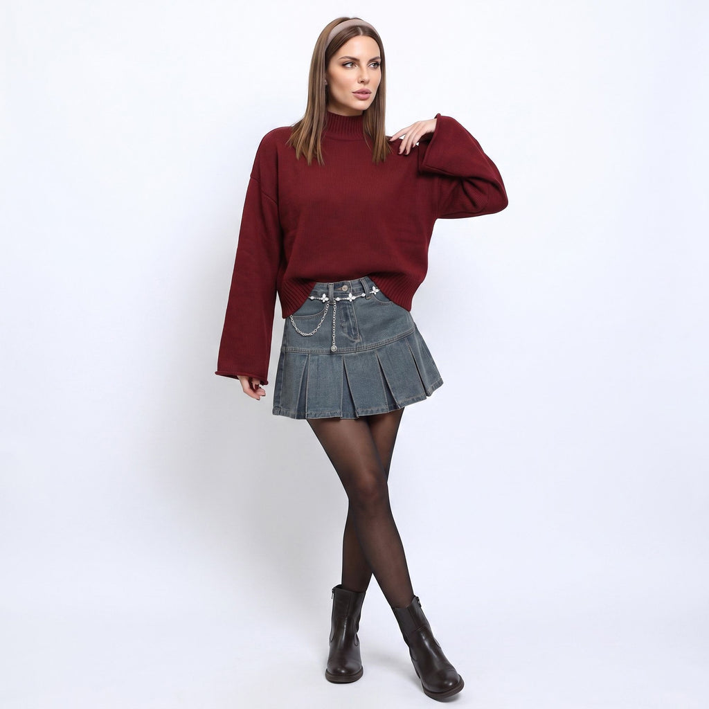 Turtleneck Bell Sleeve Relaxed Fit Knit Sweater