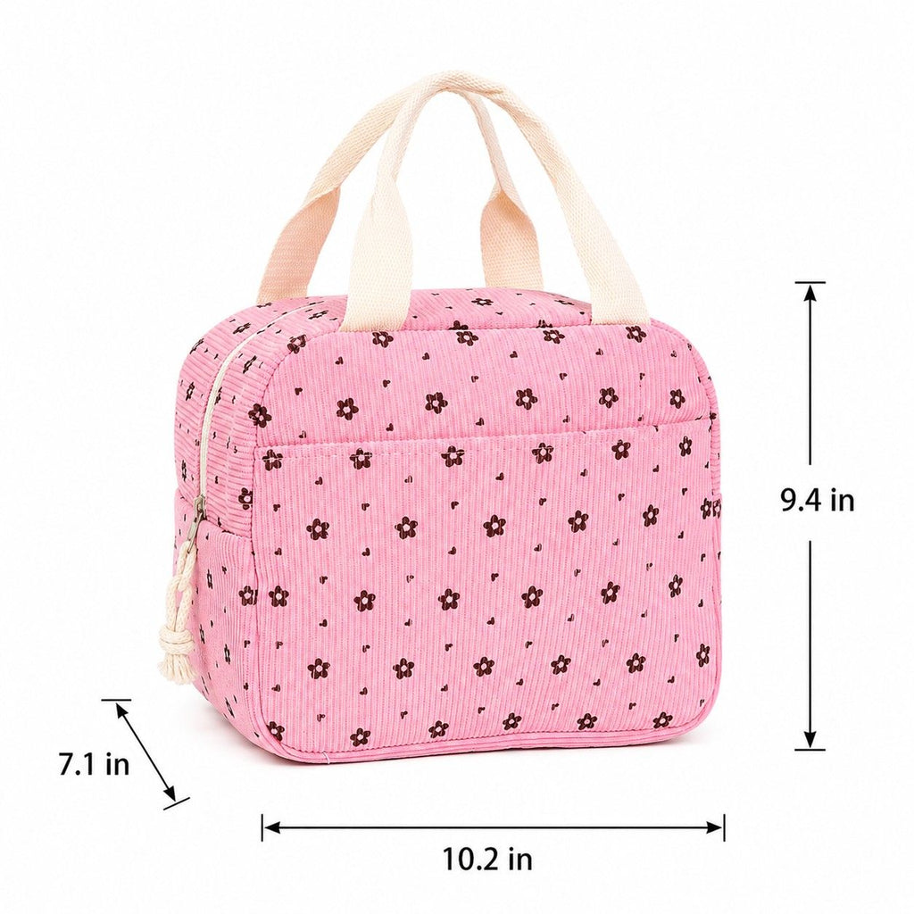 Floral Corduroy Insulated Lunch Tote Bag with Front Pocket and Zip Closure