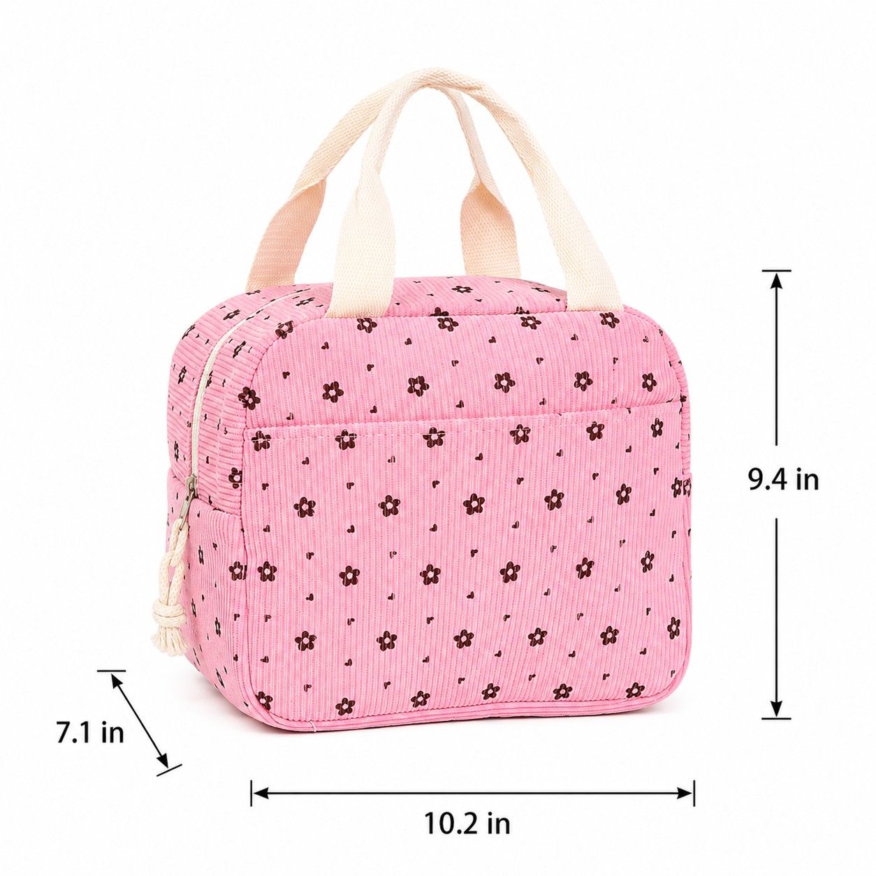 Floral Corduroy Insulated Lunch Tote Bag with Front Pocket and Zip Closure
