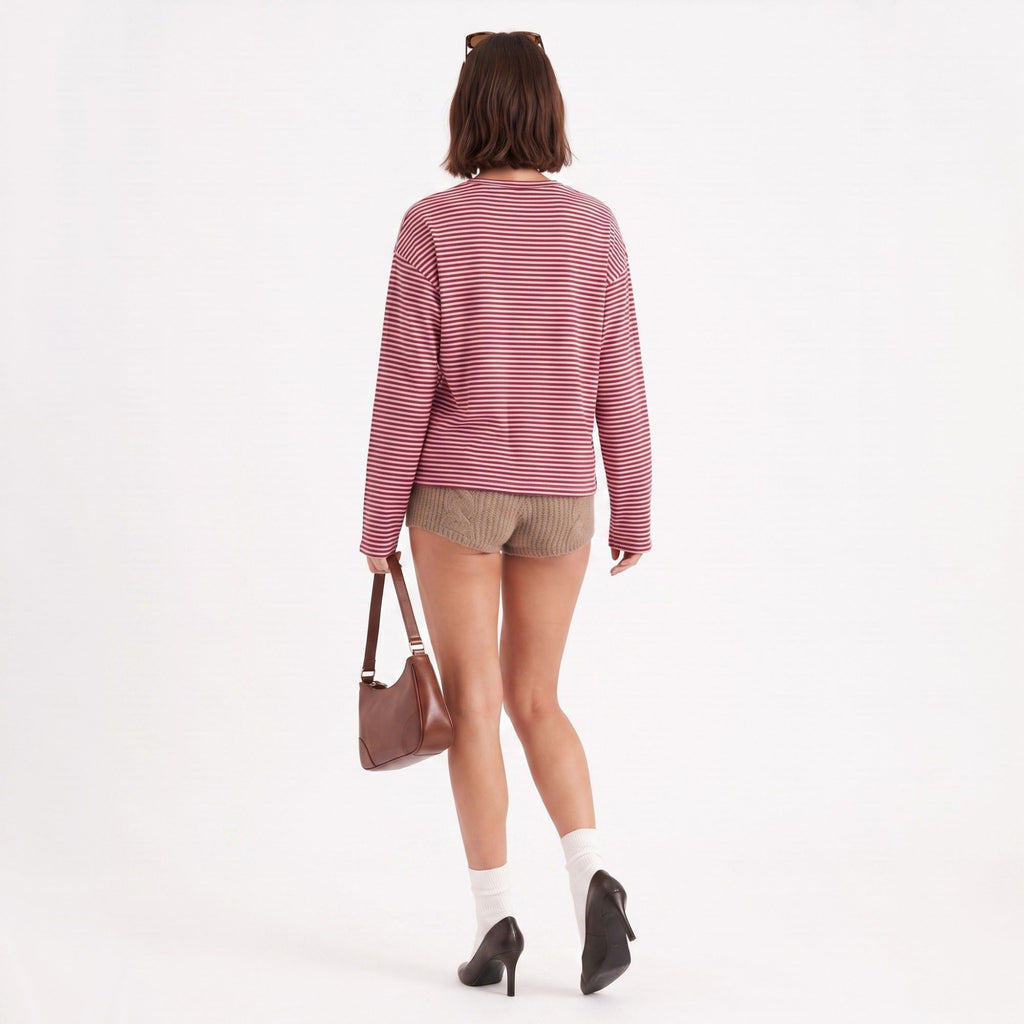 Striped Henley Drop Shoulder Long Sleeve Top
