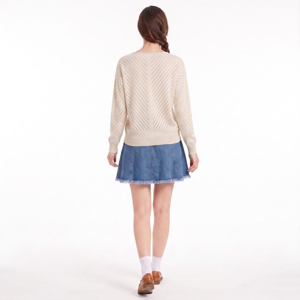 V-Neck Chevron Pointelle Knit Long Sleeve Sweater