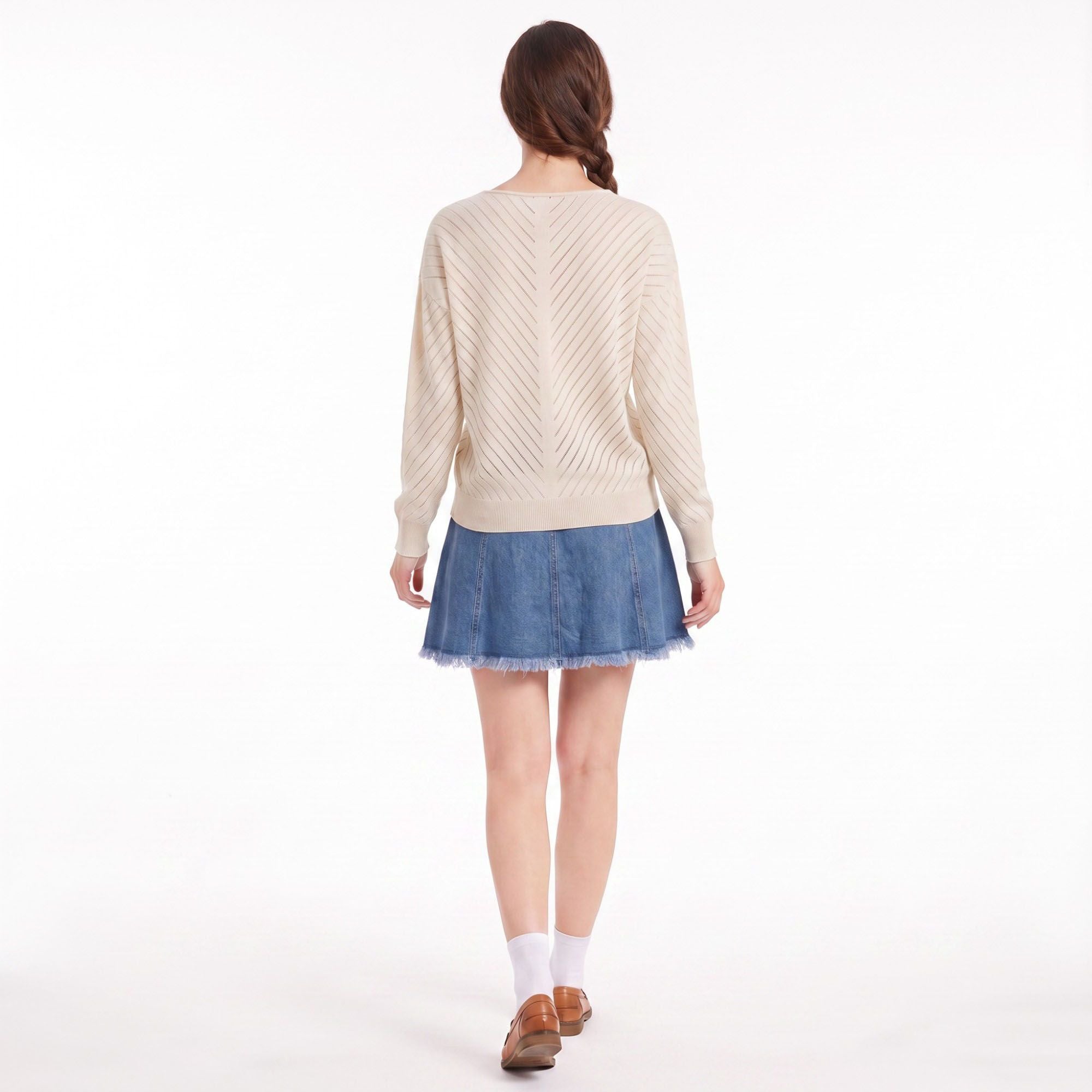 V-Neck Chevron Pointelle Knit Long Sleeve Sweater