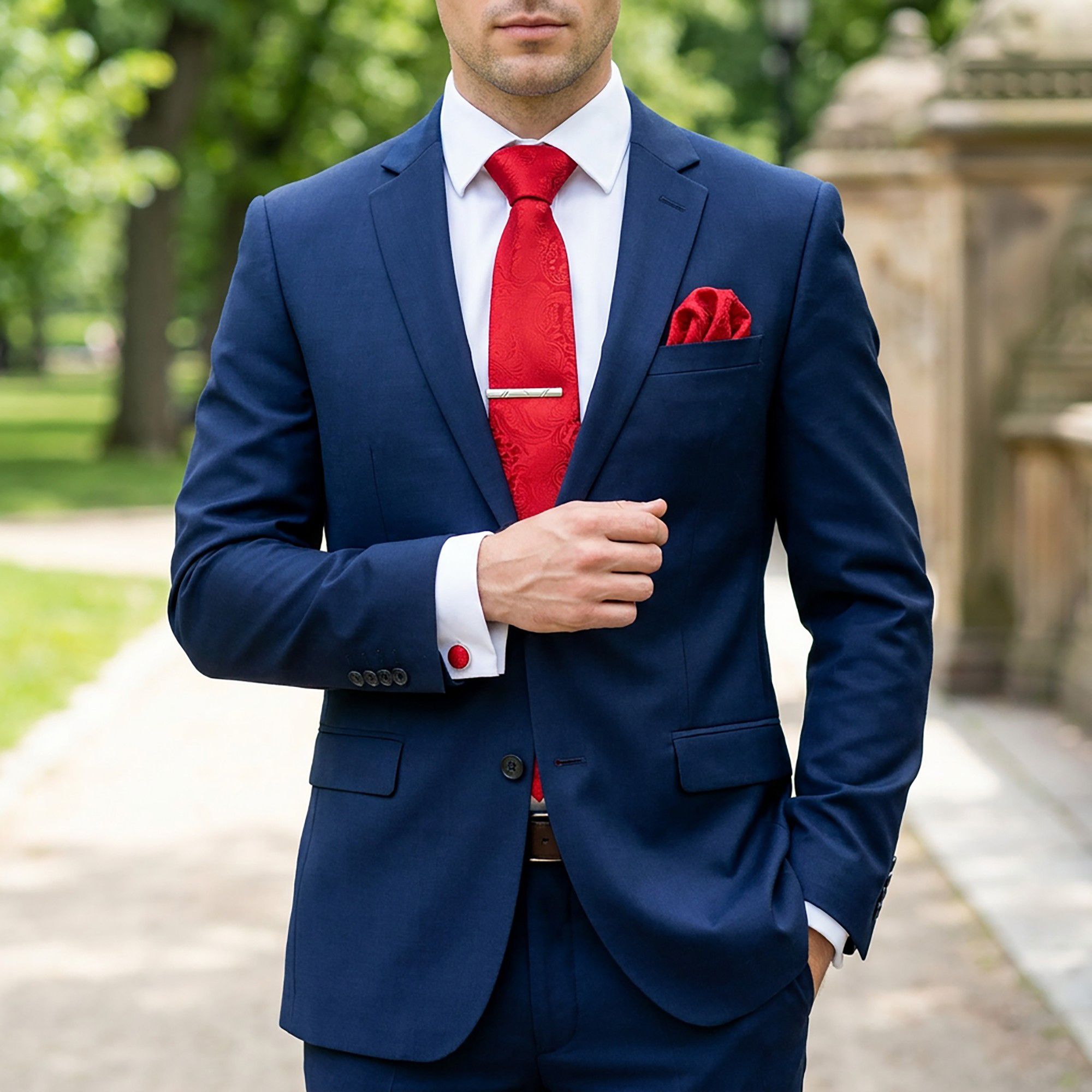 Men's Floral Print Tie Gift Set with Matching Pocket Square Cufflinks and Silver Tie Clip