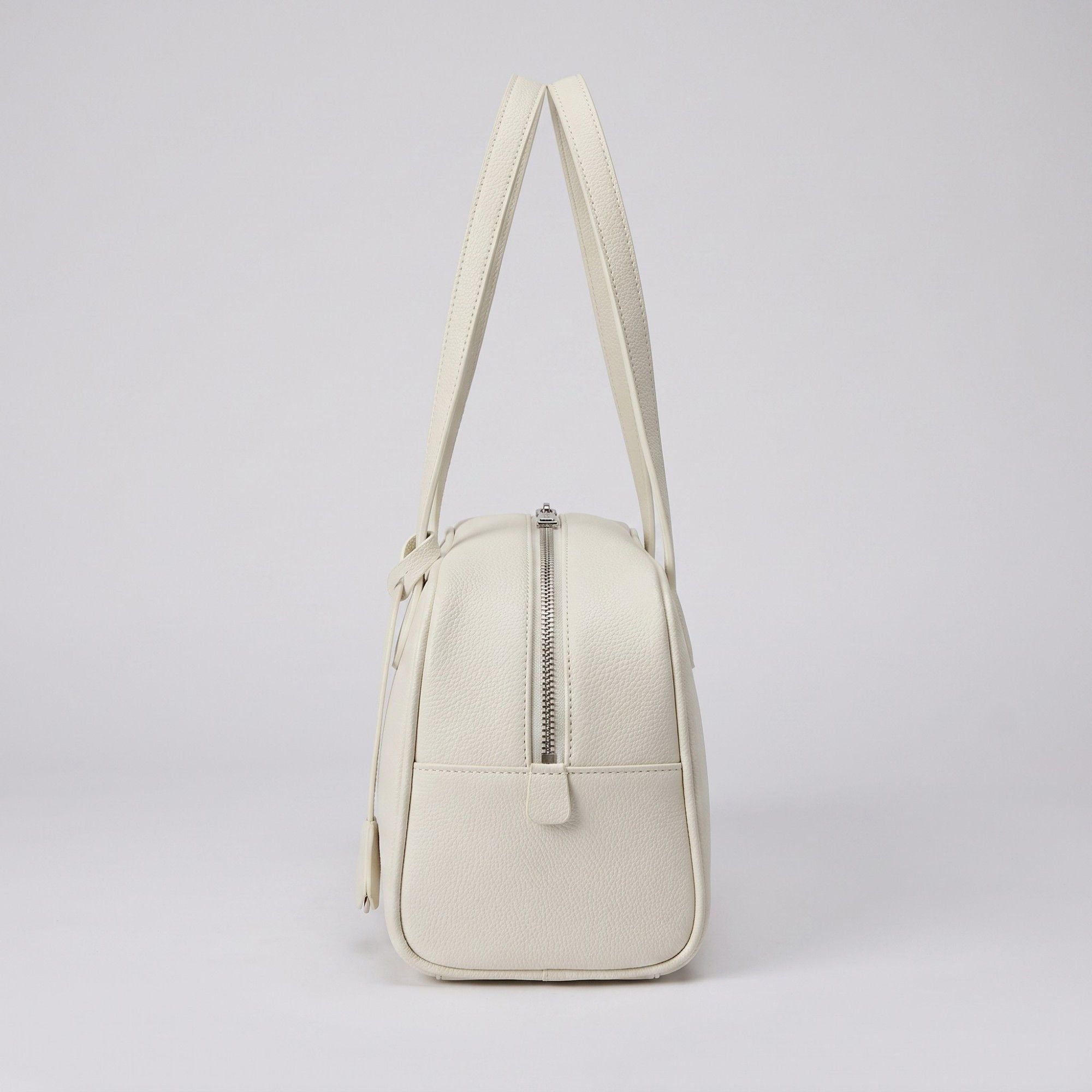 Smooth Grain Rectangular Boston Shoulder Bag with Fixed Long Top Handles & Full Zip Closure 11.8x7.1x4.7in