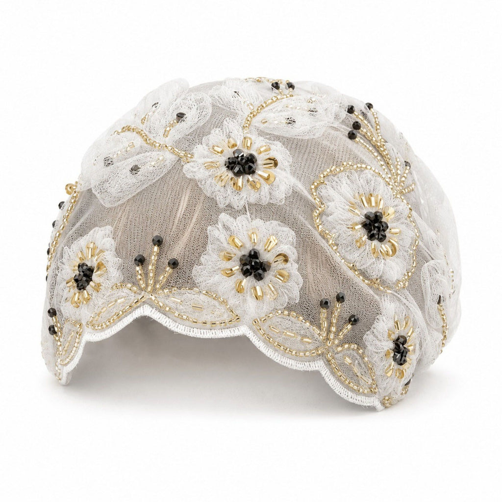 Floral Beaded Mesh Cloche Cap with Scalloped Trim