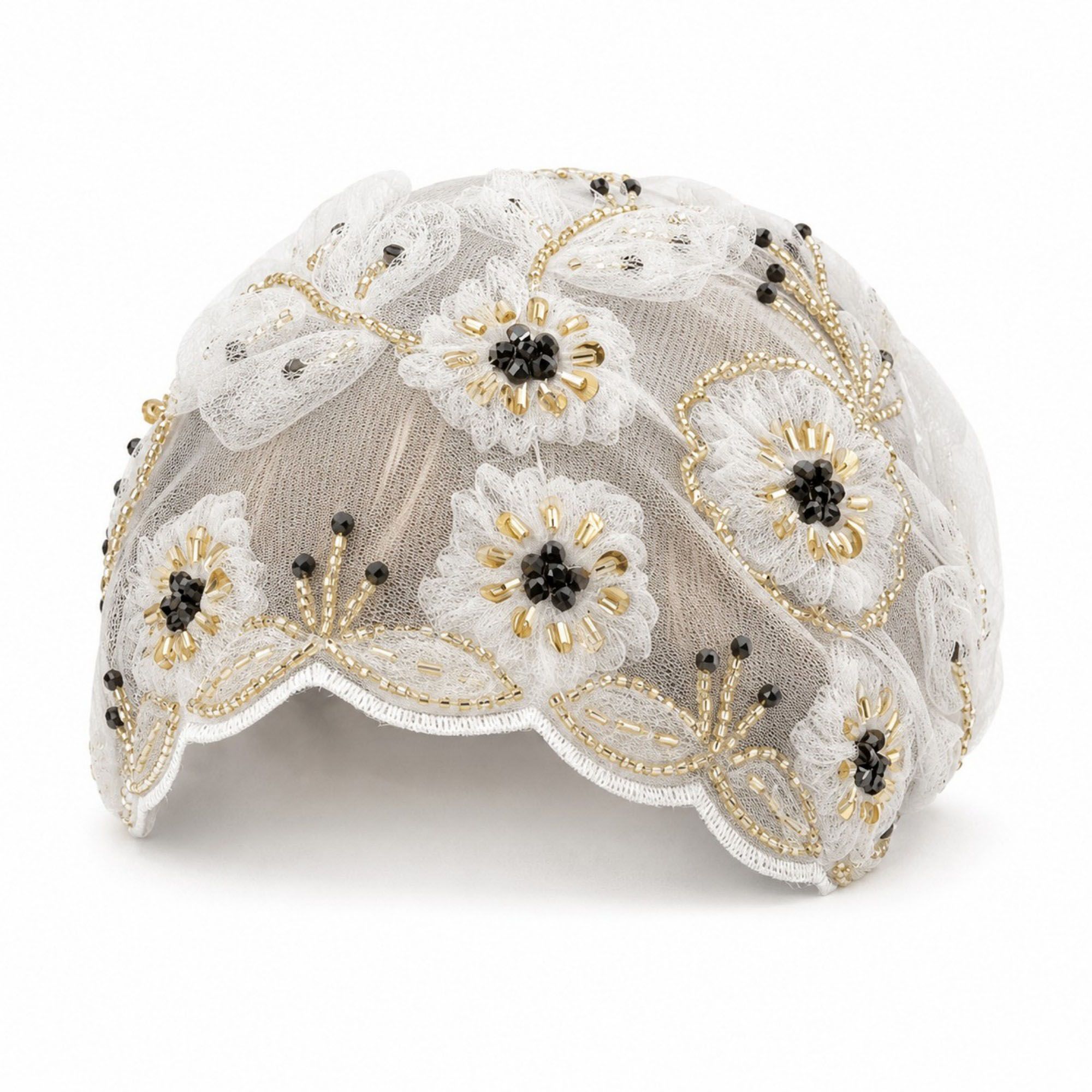 Floral Beaded Mesh Cloche Cap with Scalloped Trim