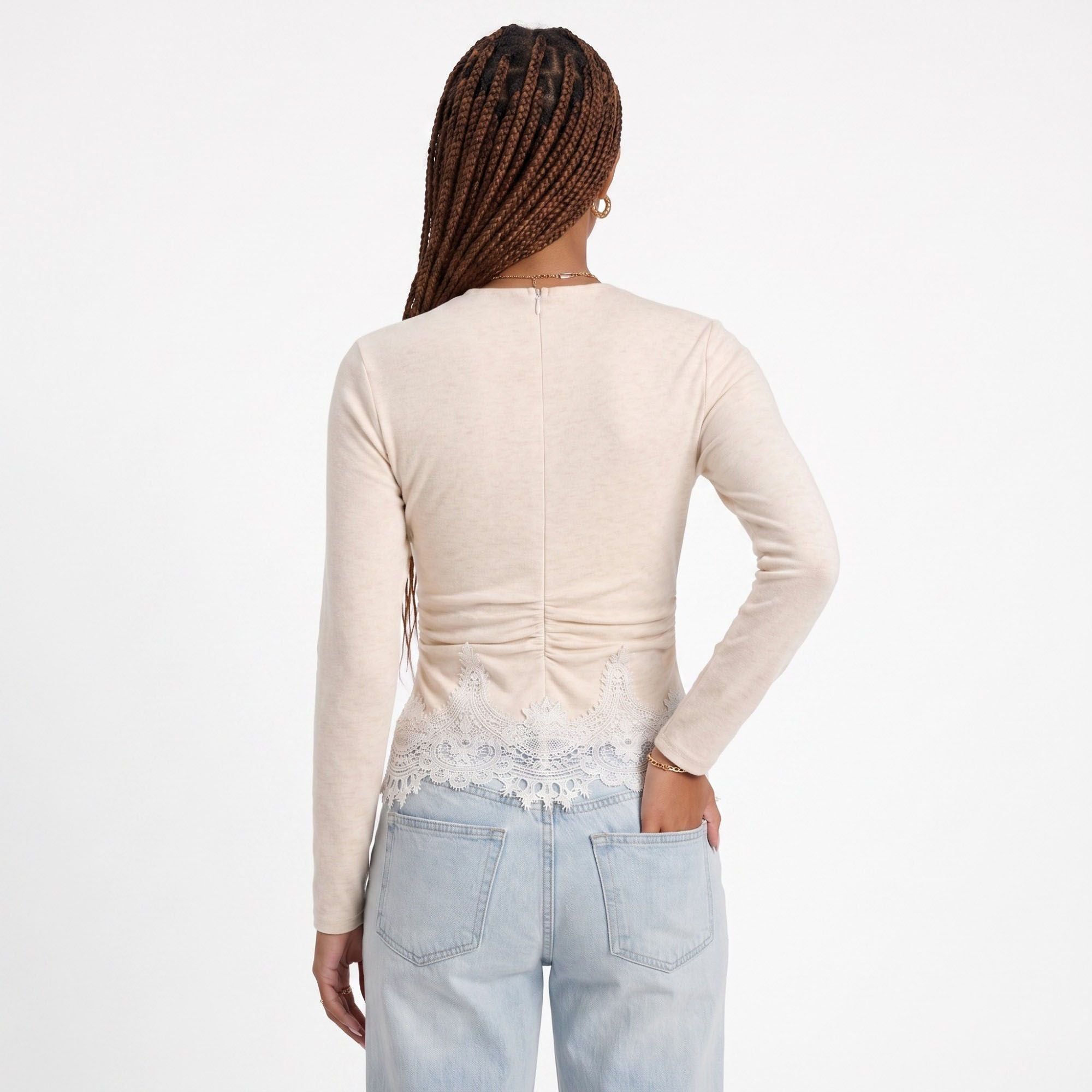 Lace Trim Ruched Long Sleeve Top Crew Neck Fitted Shirt
