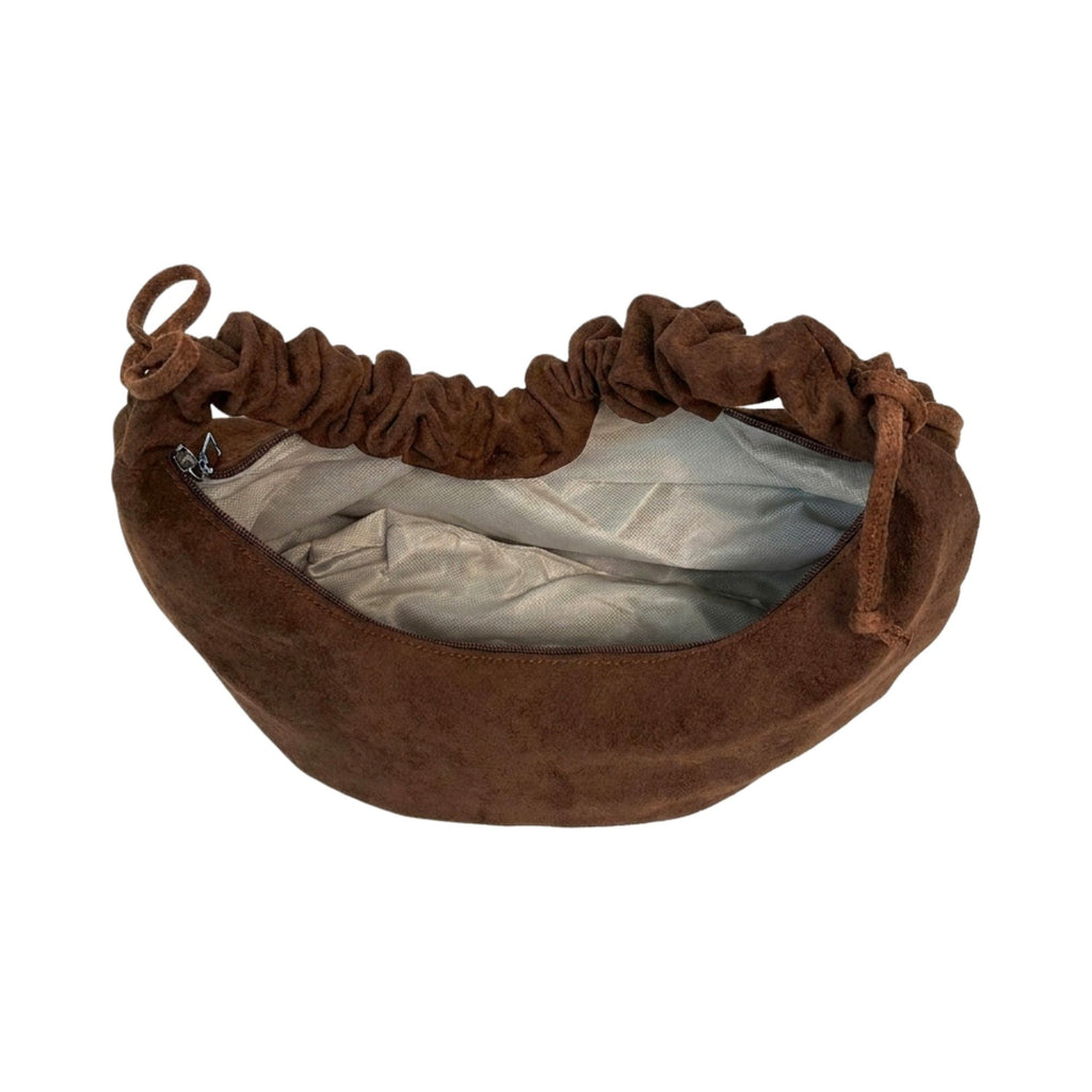 Faux Suede Hobo Shoulder Bag Ruched Strap Zipper Closure Everyday Purse