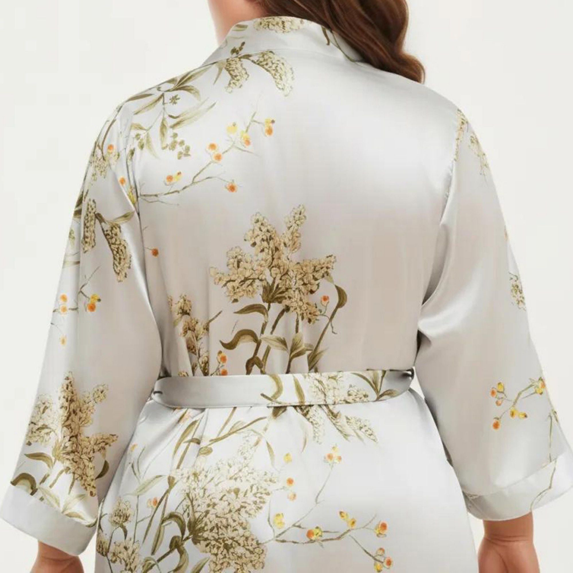 Anna-Kaci Lounge Women's Plus Size Satin Floral Kimono Robe with Self Tie Belt Longline Open Front Lightweight Sleepwear