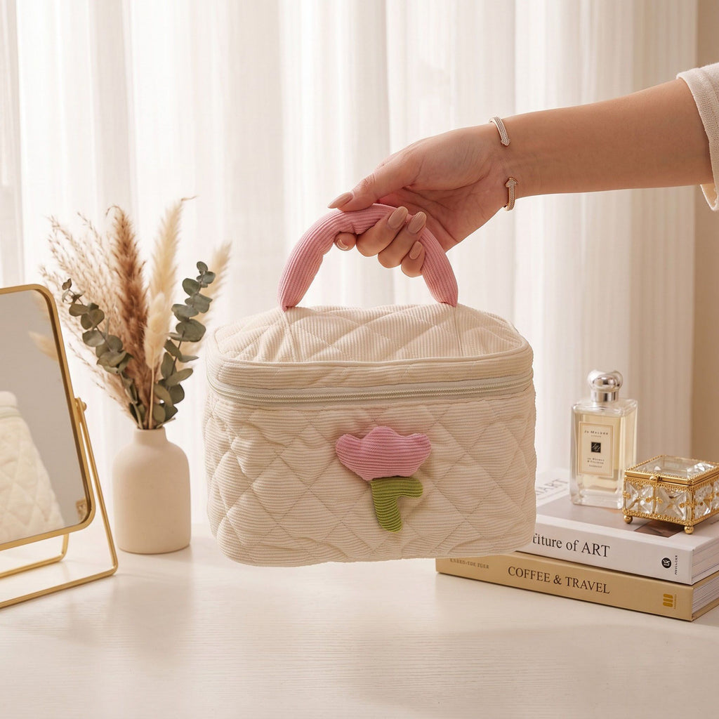 Quilted Corduroy Flower Cosmetic Bag with Top Handle