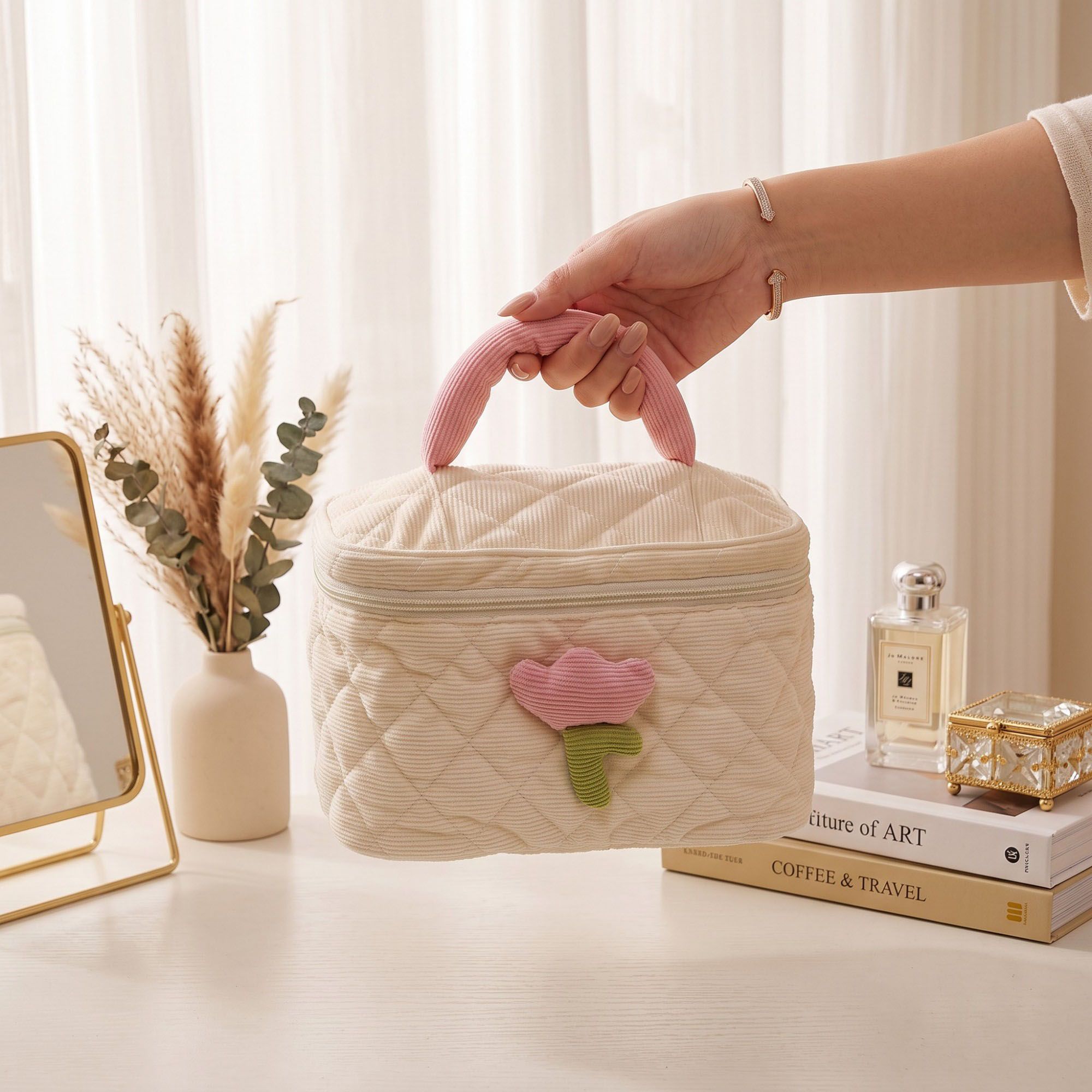 Quilted Corduroy Flower Cosmetic Bag with Top Handle