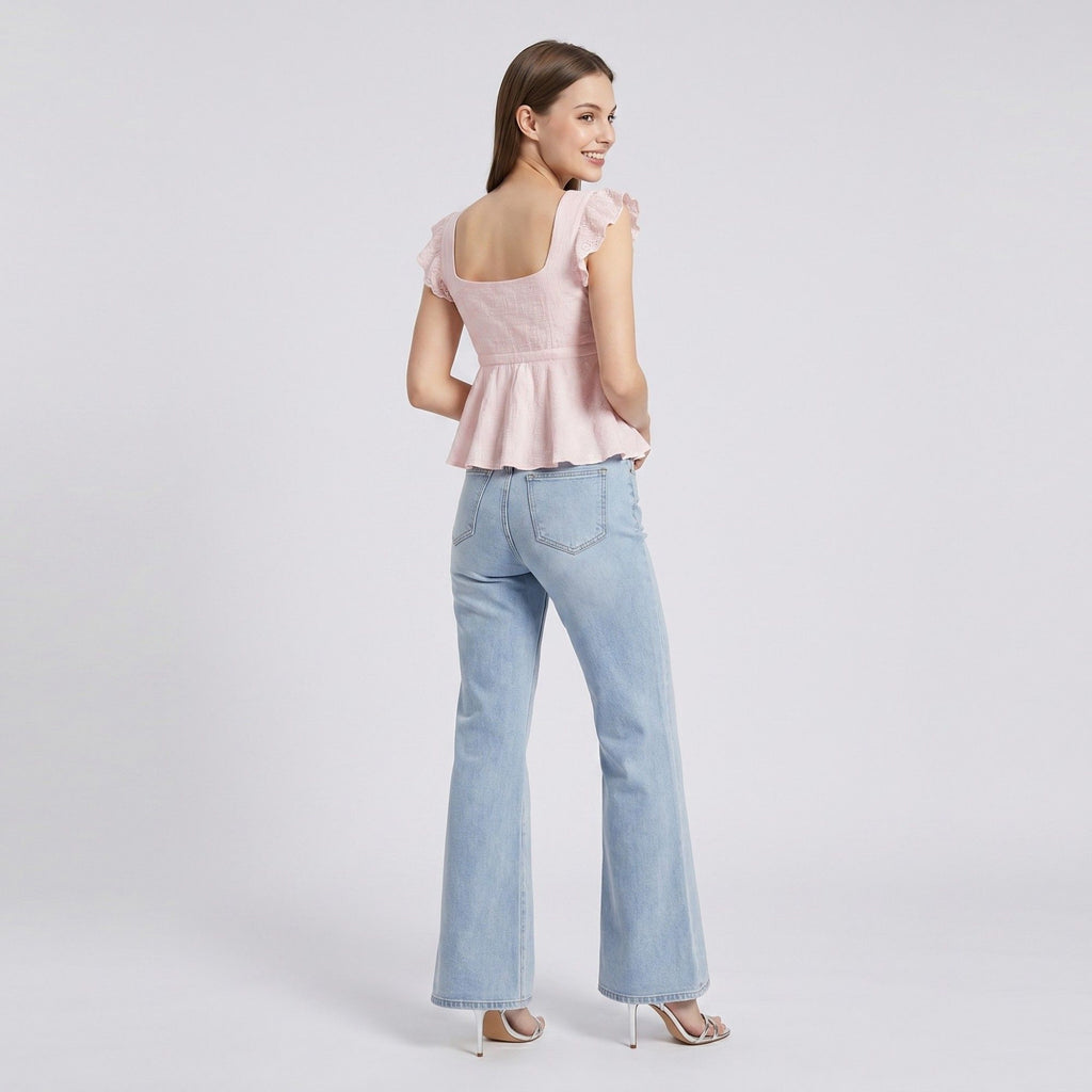 Anna-Kaci Womens Square Neck Peplum Top with Ruffle Cap Sleeves Front Tie Detail and Textured Fabric