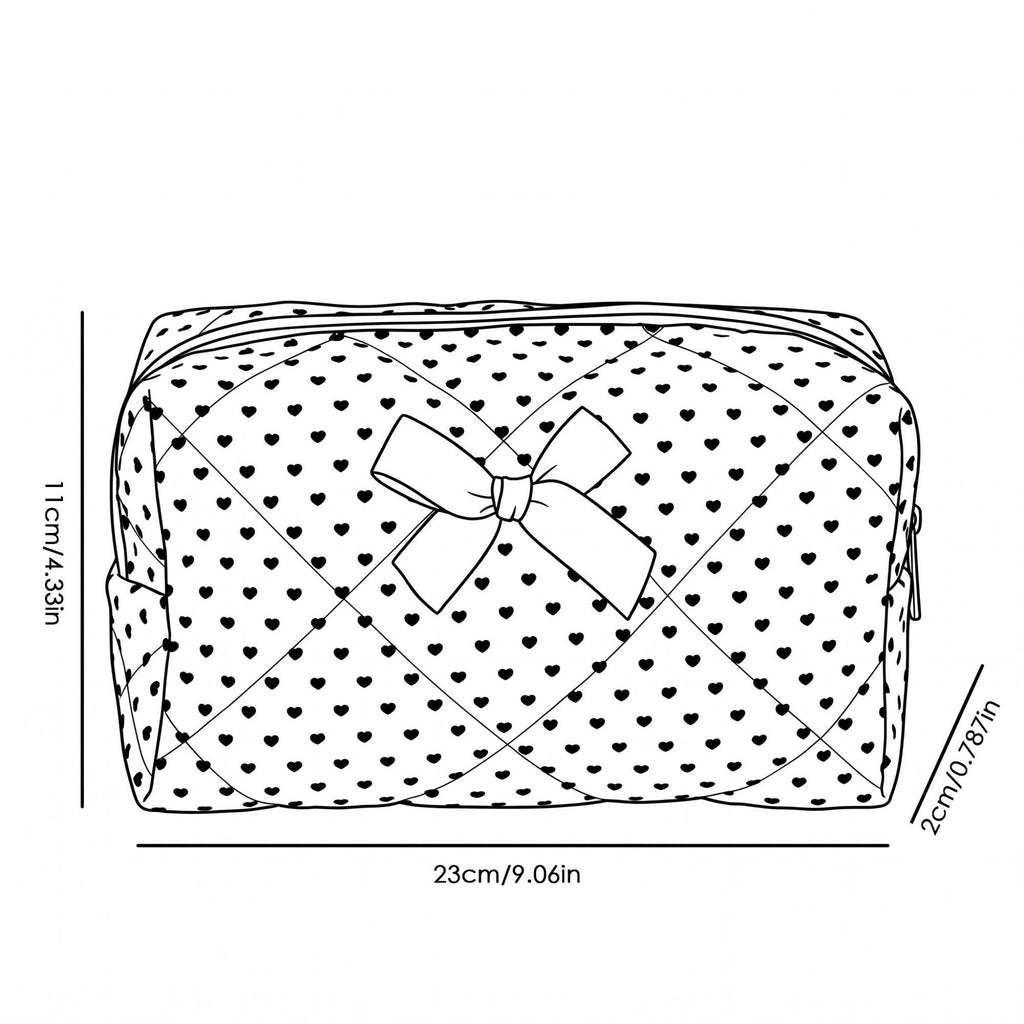 Womens Quilted Heart Print Makeup Bag with Bow Cosmetic Pouch