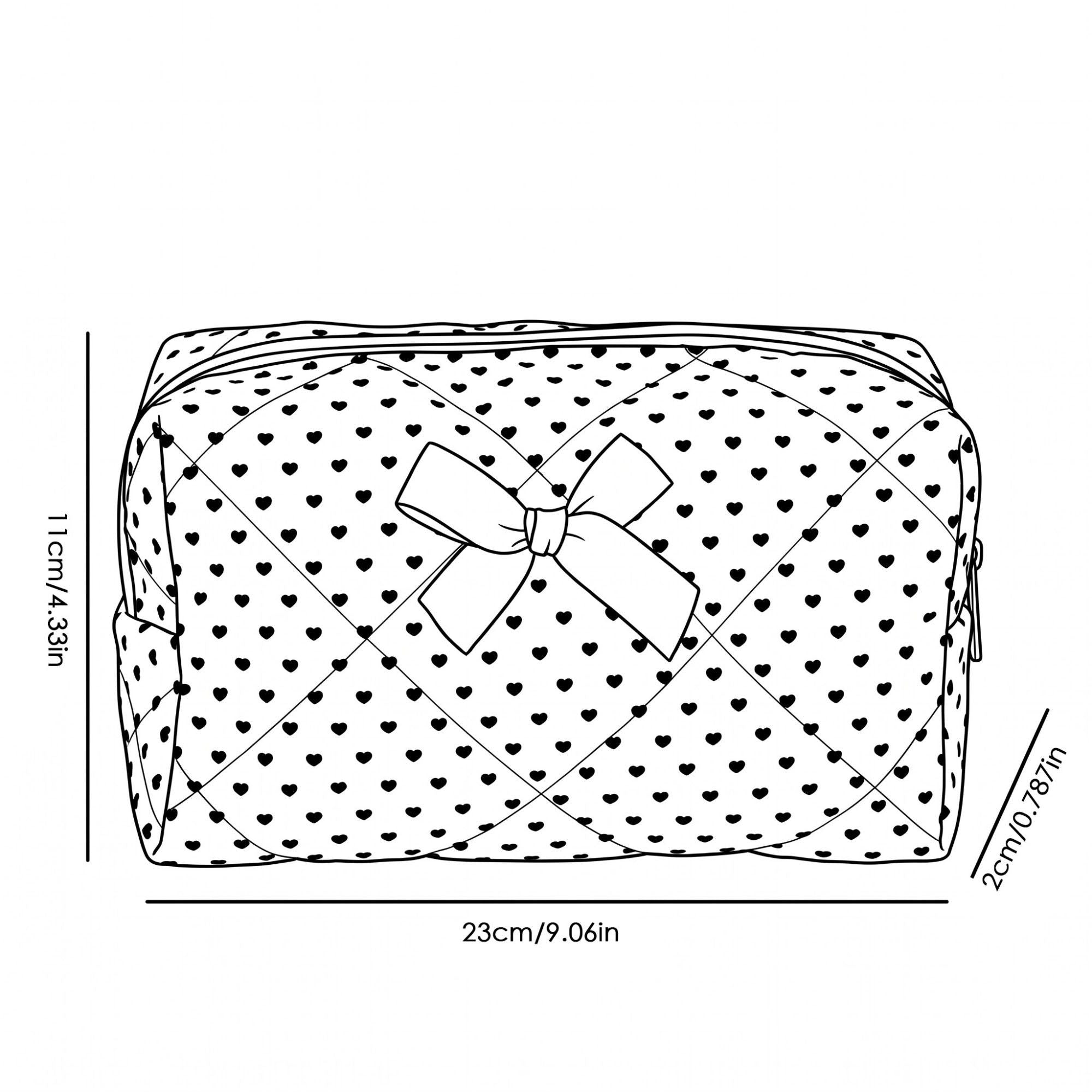 Womens Quilted Heart Print Makeup Bag with Bow Cosmetic Pouch