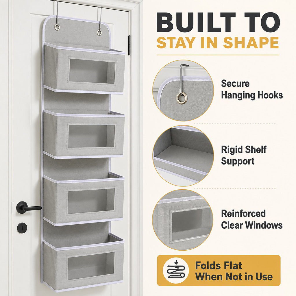 4 Tier Hanging Storage Organizer with Clear Window Pockets for Door Wall or Closet