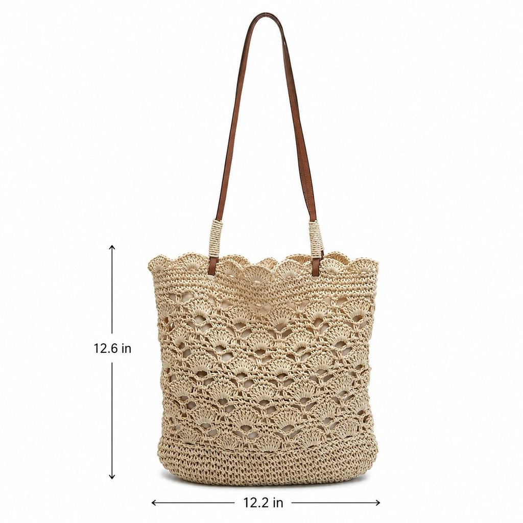 Crochet Woven Shoulder Bag with Zip Closure and Scalloped Bucket Shape