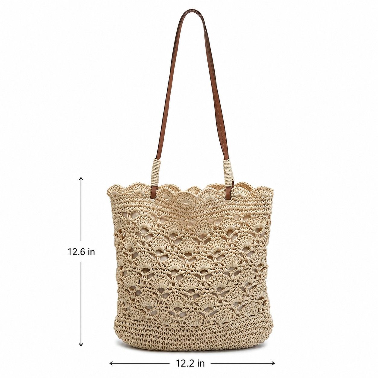 Crochet Woven Shoulder Bag with Zip Closure and Scalloped Bucket Shape