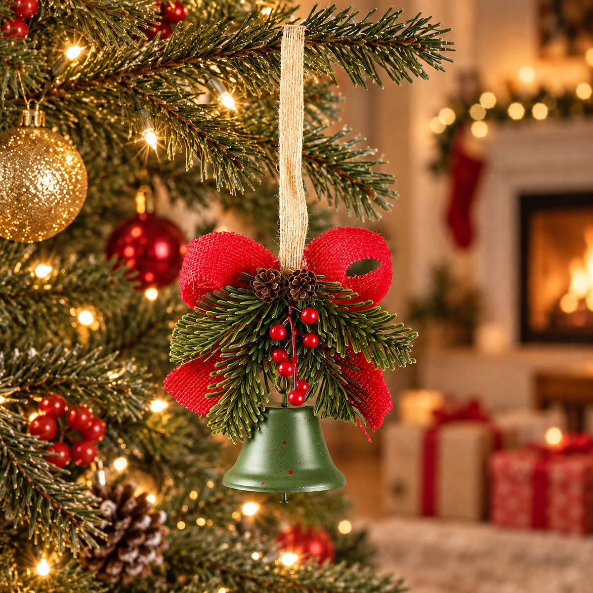 Christmas Bell Ornament with Bow Pinecones Berries and Greenery