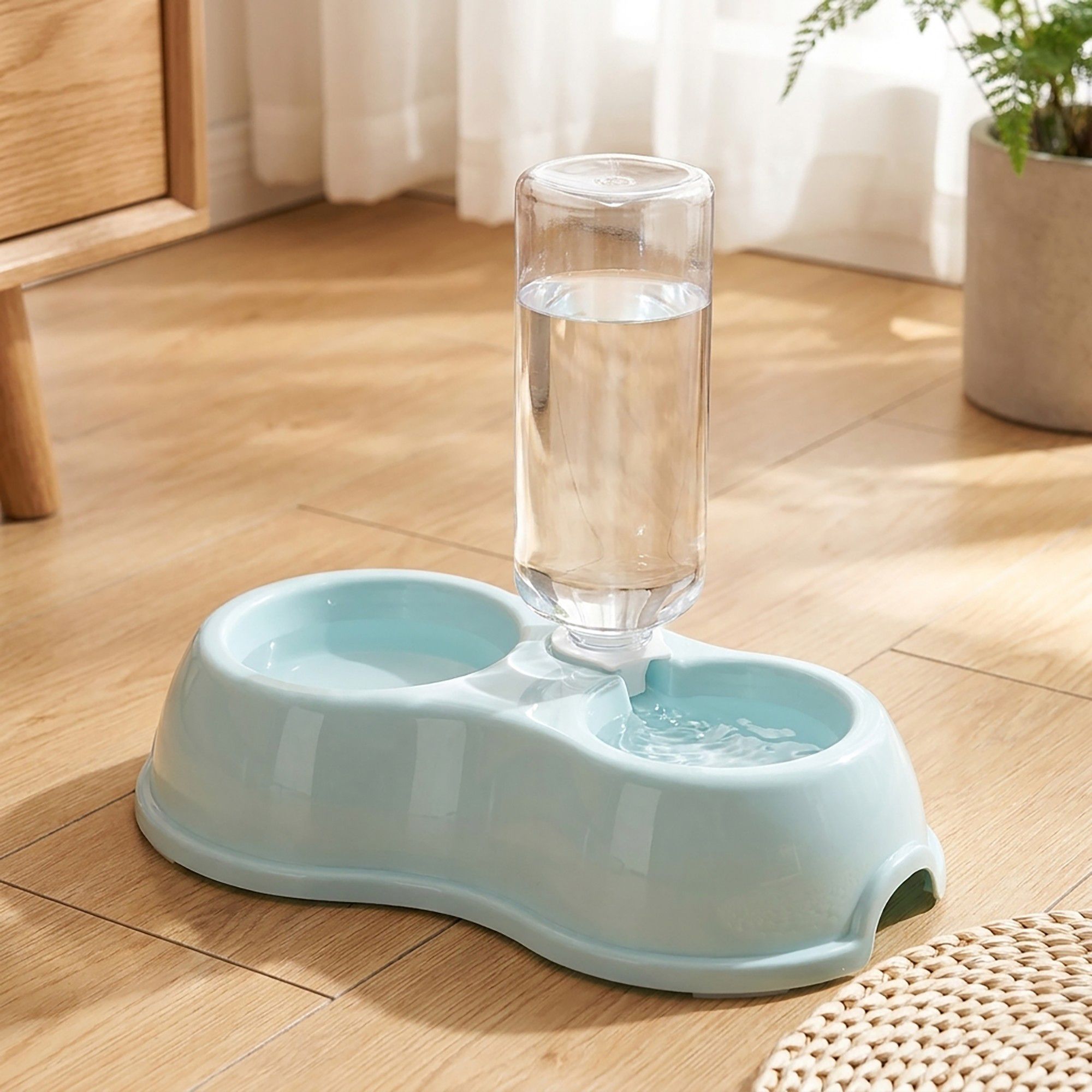 Plastic Double Pet Bowl with Gravity Water Bottle Feeder