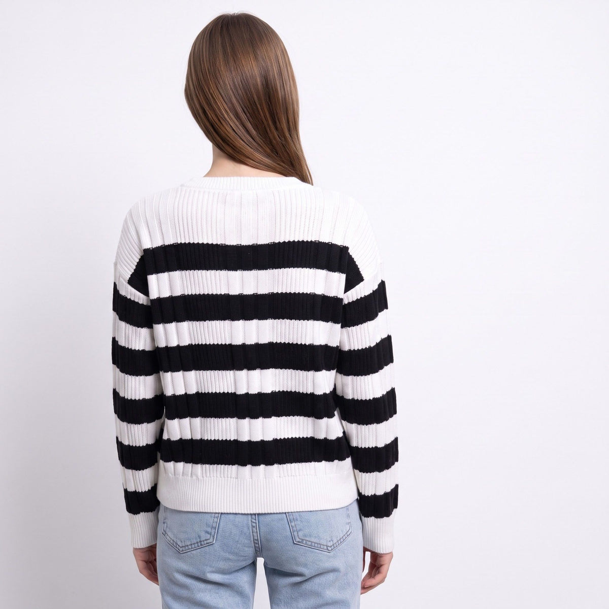 Striped Henley Ribbed Knit Pullover Sweater