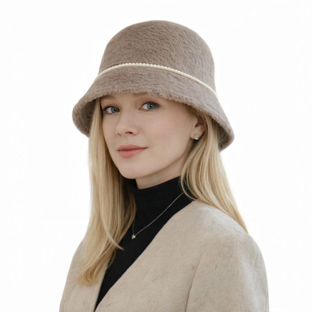 Anna-Kaci Women's Faux Fur Bucket Hat with Pearl Trim Detail Soft Textured Finish and Structured Cozy Winter Headwear 22-22.8in