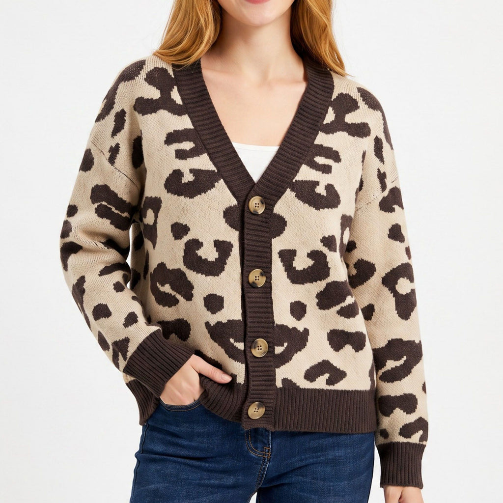 Leopard Print V-Neck Button-Front Cardigan Sweater