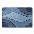 Abstract Blue Wave Plush Bathroom Mat with Layered Curved Line Design