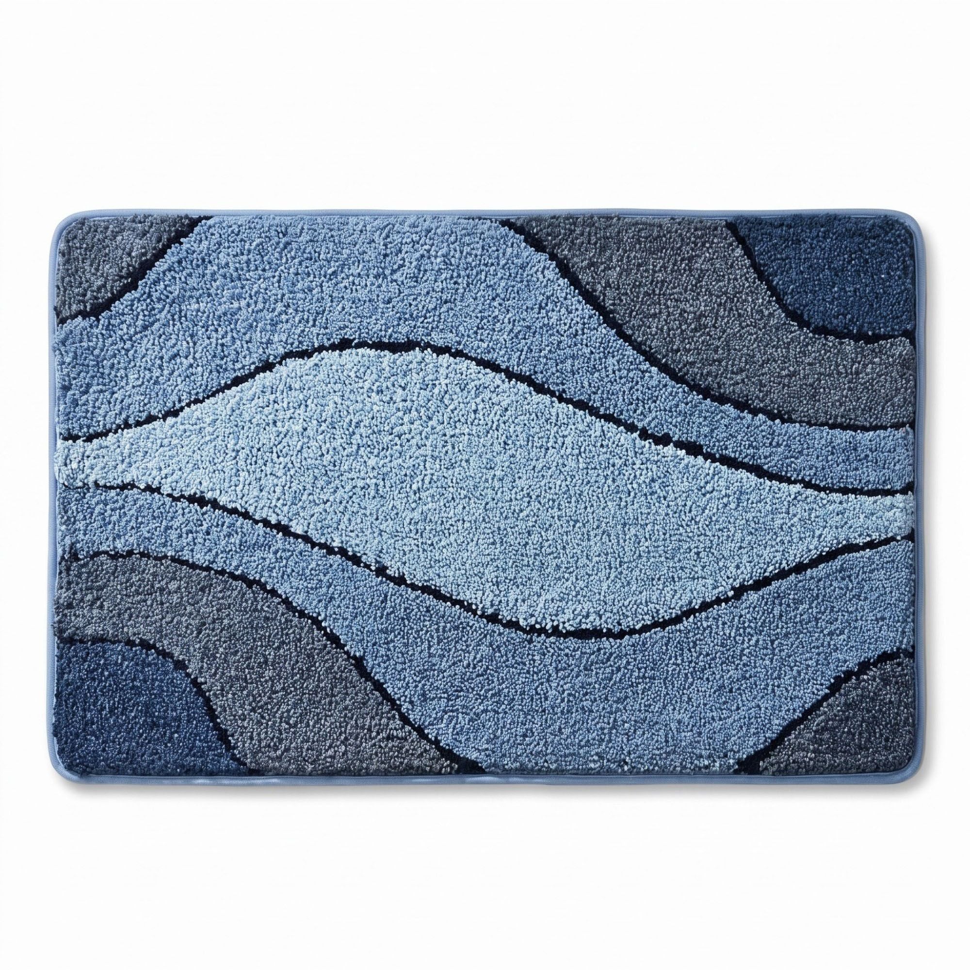 Abstract Blue Wave Plush Bathroom Mat with Layered Curved Line Design