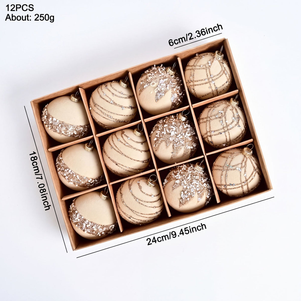 12ct Flocked Christmas Ball Ornament Set with Glitter Beaded Holiday Tree Decorations