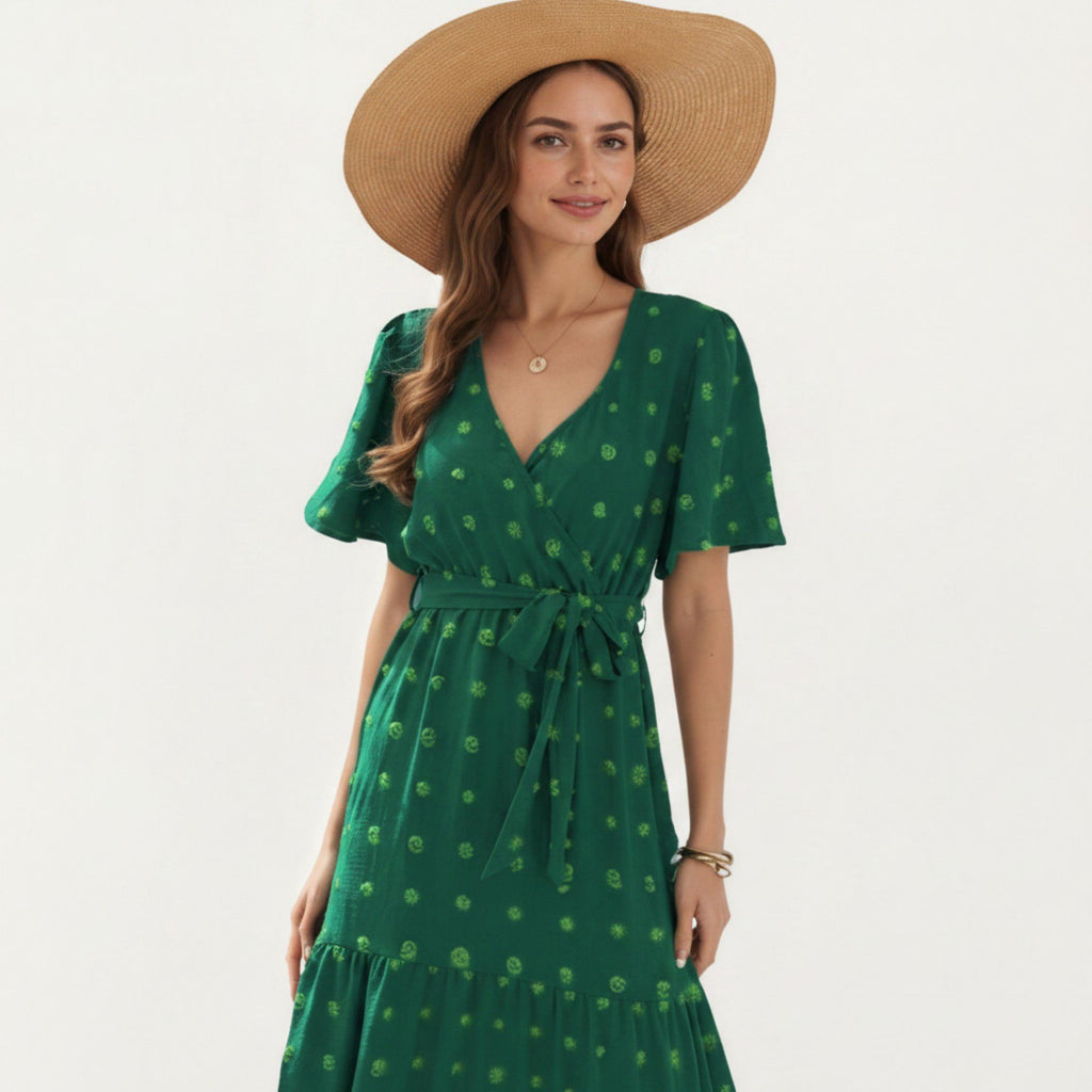 Anna-Kaci Women's Short Sleeve Maxi Dress with Wrap Front Waist Tie and Tiered Skirt