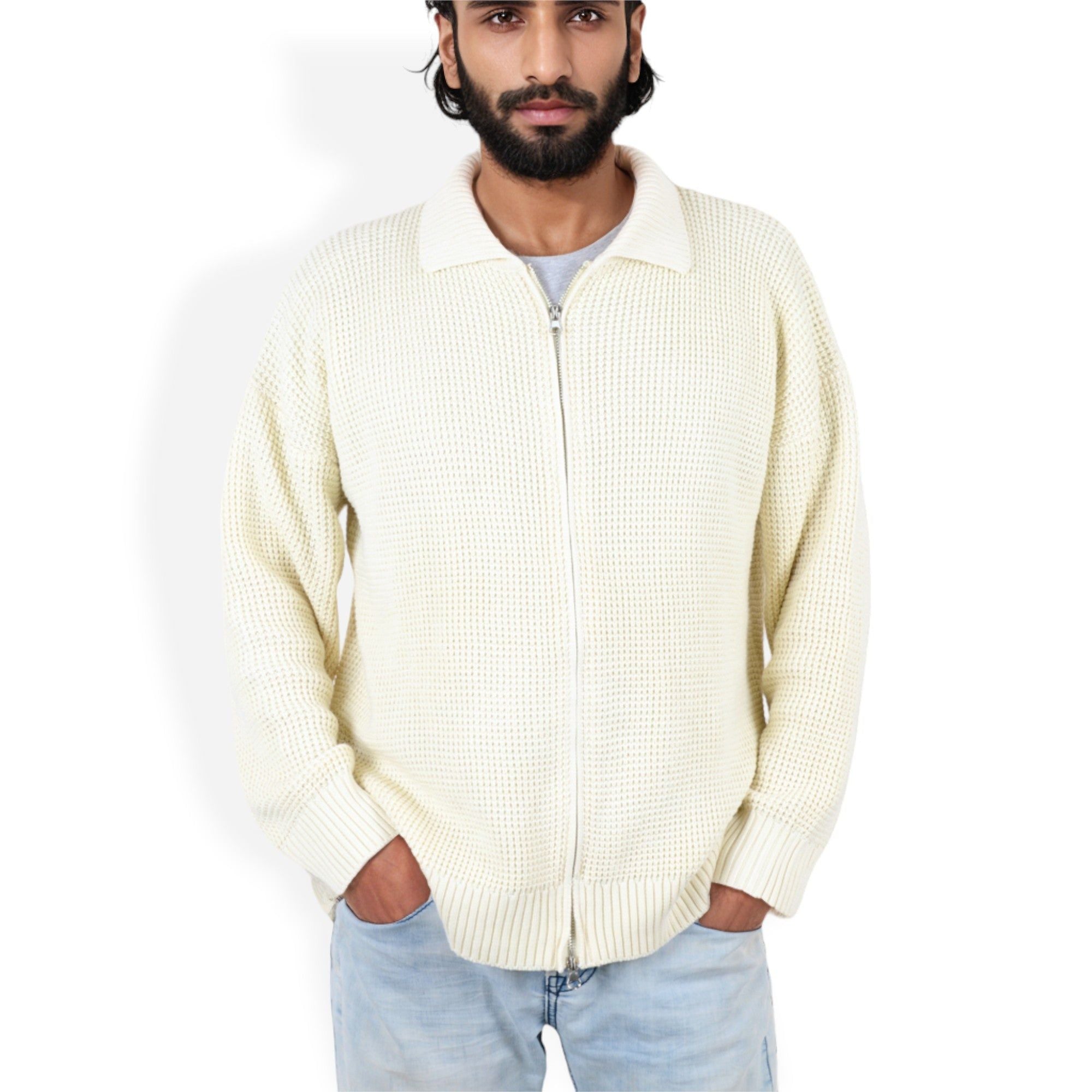 Anna-Kaci Men's Waffle Knit Zip-Up Cardigan with Classic Collar and Relaxed Fit