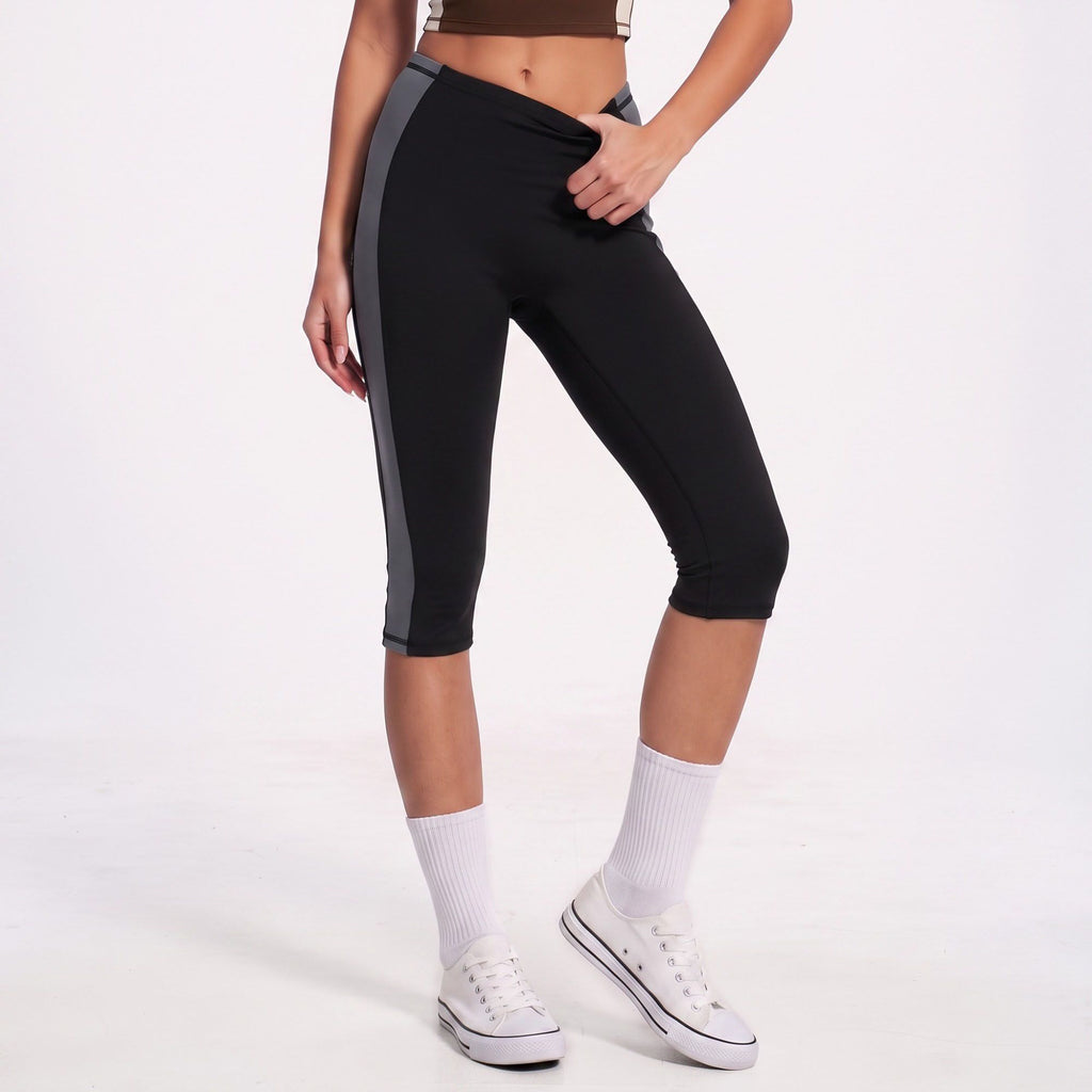 Colorblock High Waist Capri Leggings Fitted Cropped Yoga Pants for Running Gym Training