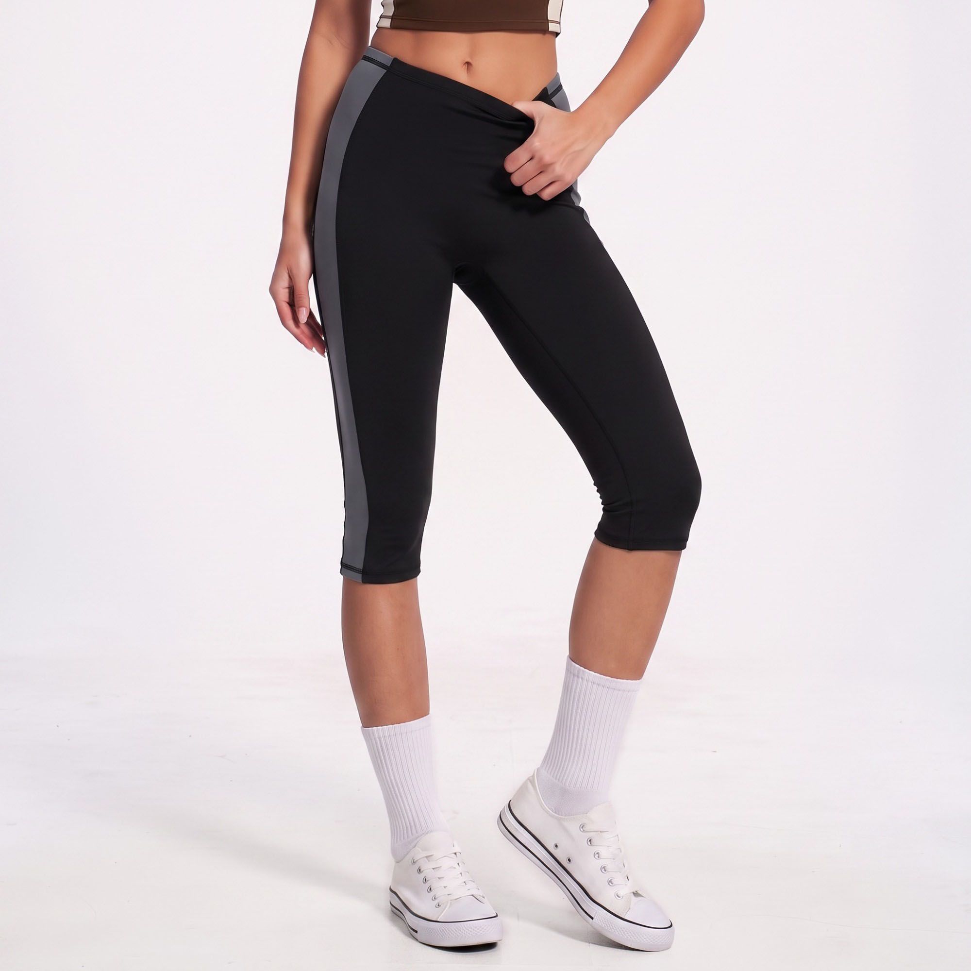 Colorblock High Waist Capri Leggings Fitted Cropped Yoga Pants for Running Gym Training
