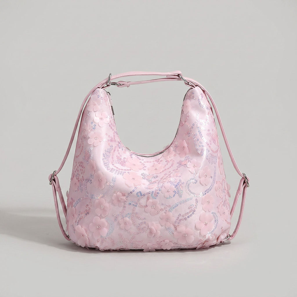 Floral Sequin Hobo Shoulder Bag with 3D Applique Details and Adjustable Strap